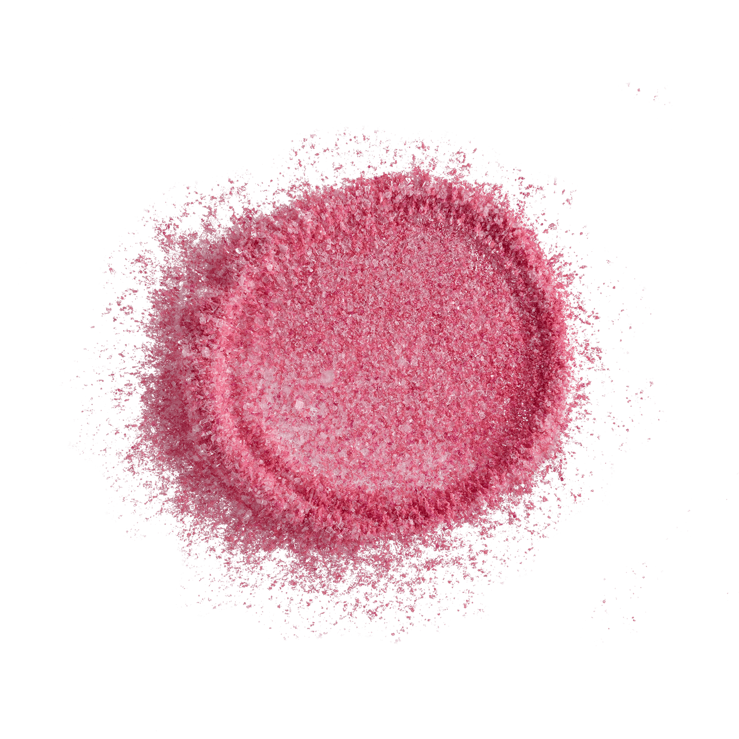 Leuchtend pinkes Vitamin-C-Pulver in kreisförmiger Form auf schwarzem Hintergrund, das seine Textur und Farbe zur Geltung bringt.