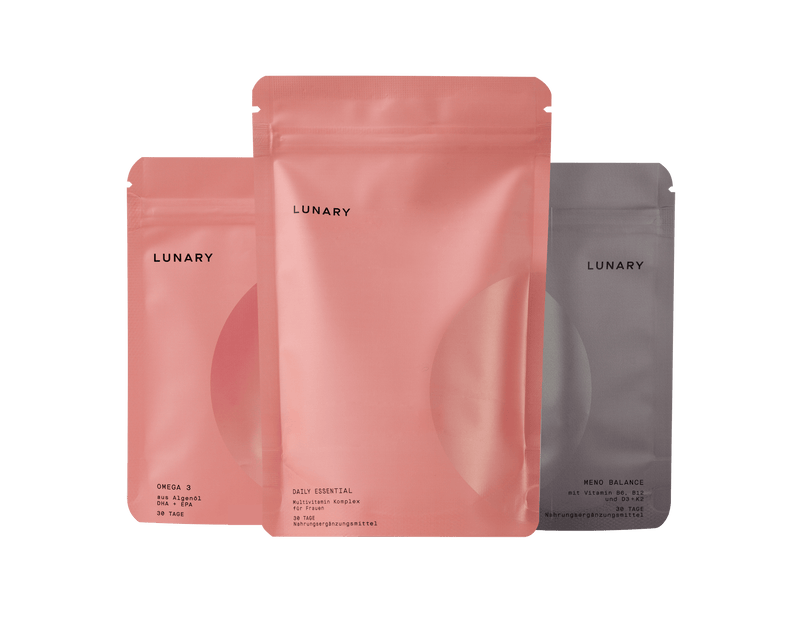 Set „Daily Essential plus Meno Balance“ von Lunary mit den Nahrungsergänzungsmitteln Omega 3, Daily Essential und Meno Balance, Verwendung Nahrungsergänzungsmittel Wechseljahre