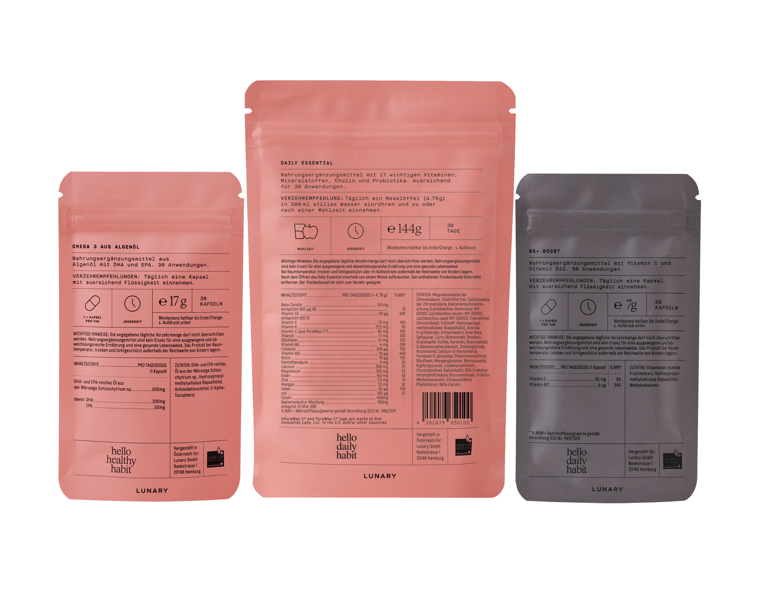 LUNARY Set Daily Essential plus 65+ Boost Verpackung für die Ernährung von Frauen, speziell für Frauen über 60.