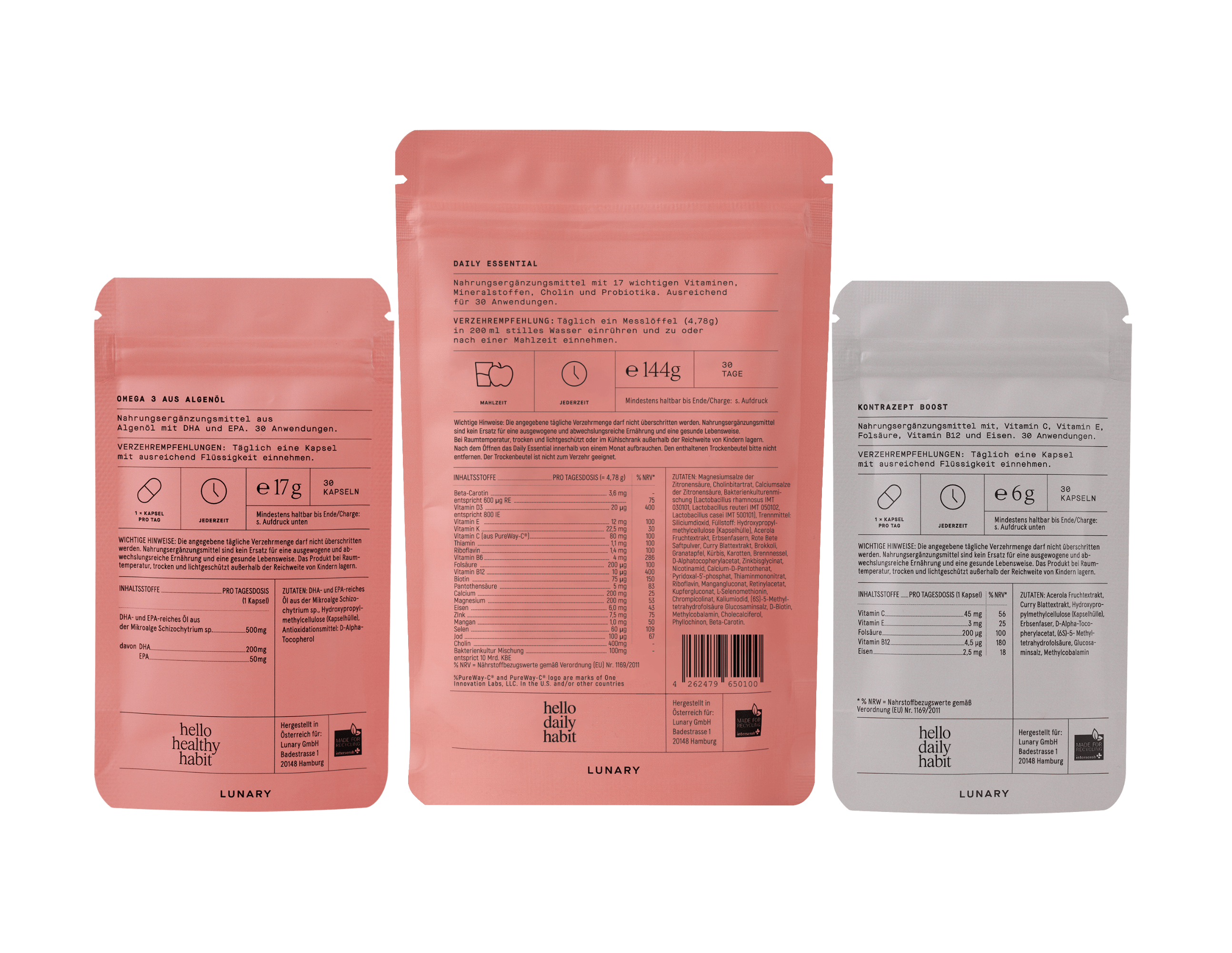 Set Daily Essential plus Kontrazept Boost Verpackungen für hormonelle Nahrungsergänzungsmittel für Frauen.