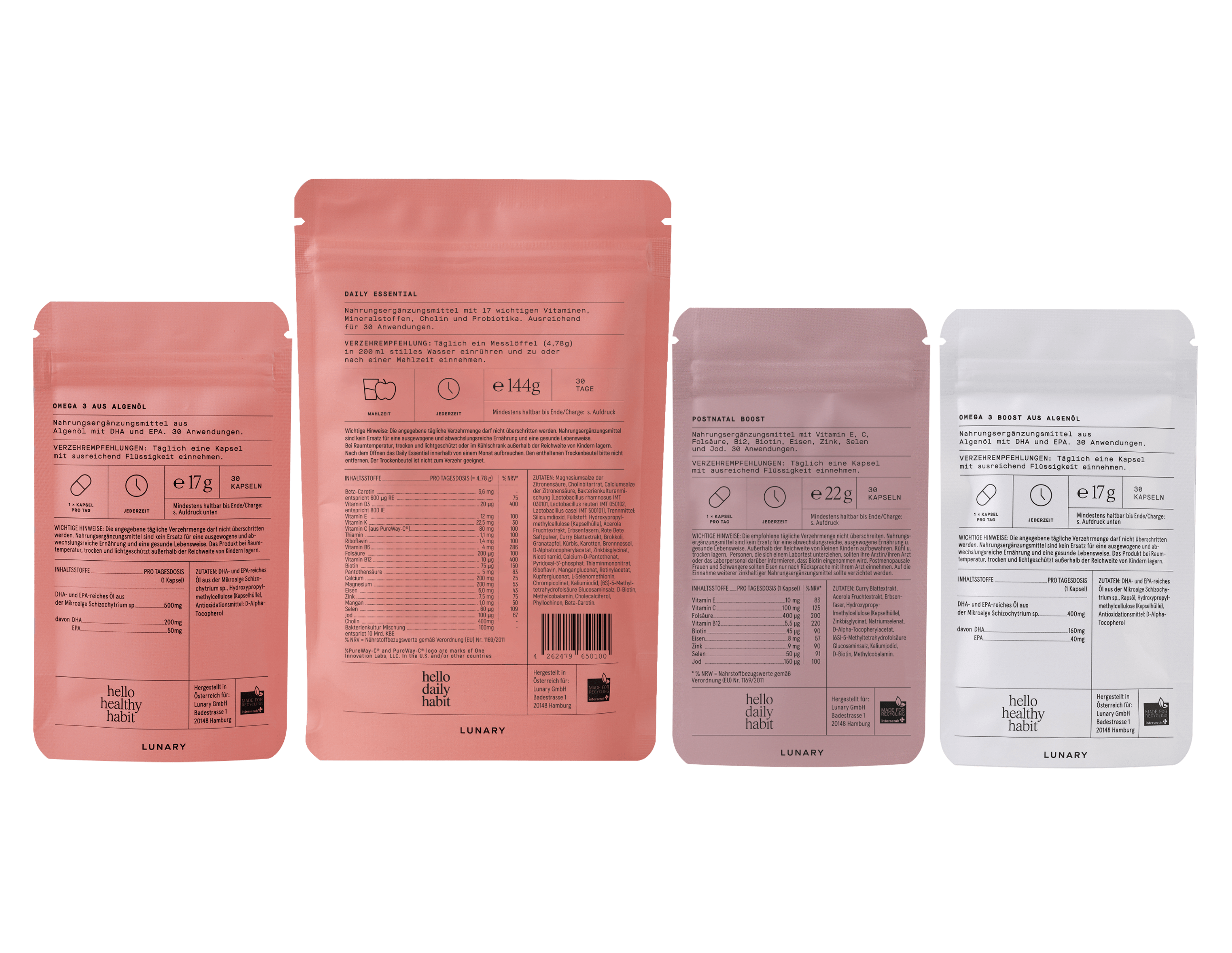 Verpackung für das Produkt „Daily Essential plus Postnatal Boost“ mit Nährwertangaben zur Unterstützung nach der Geburt, Stillzeit Vitamine