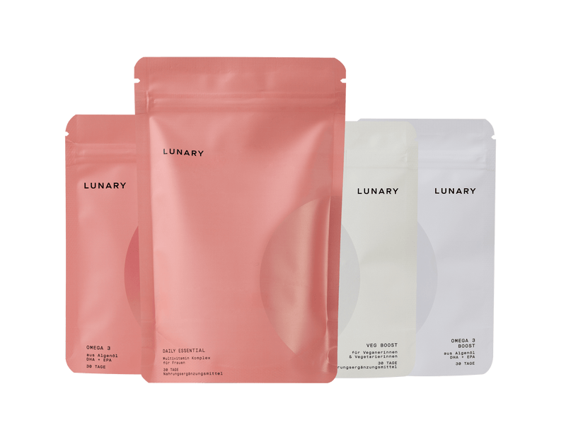 Set Daily Essential plus Veg Boost Produkte in stilvoller Verpackung für vegane Ernährung, Nahrungsergänzung für Veganerinnen