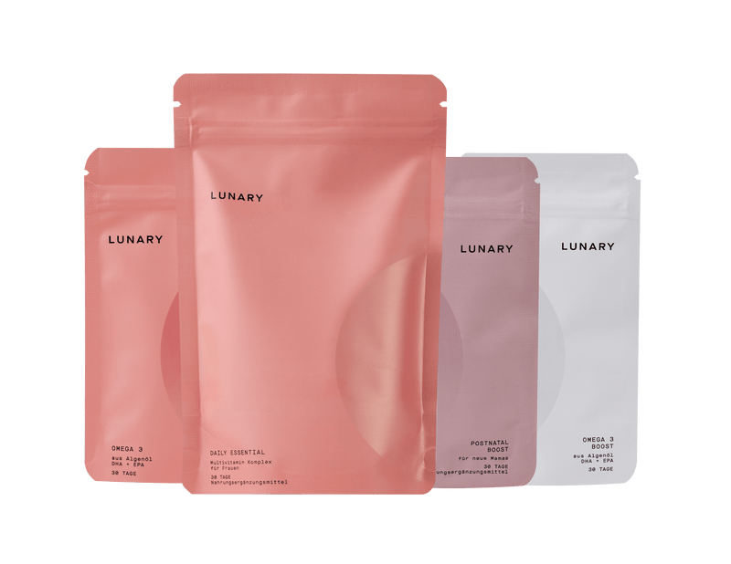 Set Daily Essential plus Postnatal Boost von Lunary, Nahrungsergänzungsmittel für das Wohlbefinden nach der Geburt, Stillzeit Vitamine