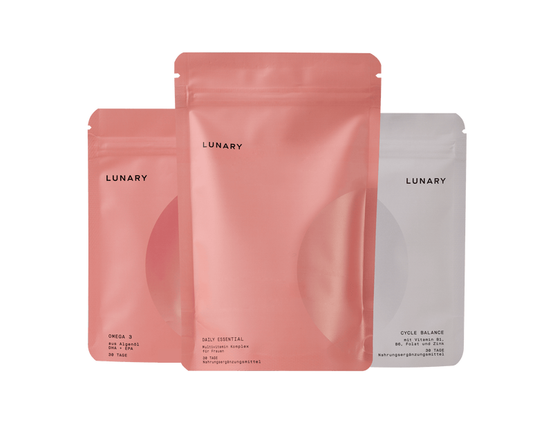LUNARY Set Daily Essential plus Cycle Balance Nahrungsergänzungsmittel für den Hormonhaushalt und das Wohlbefinden, hormonelle Balance herstellen