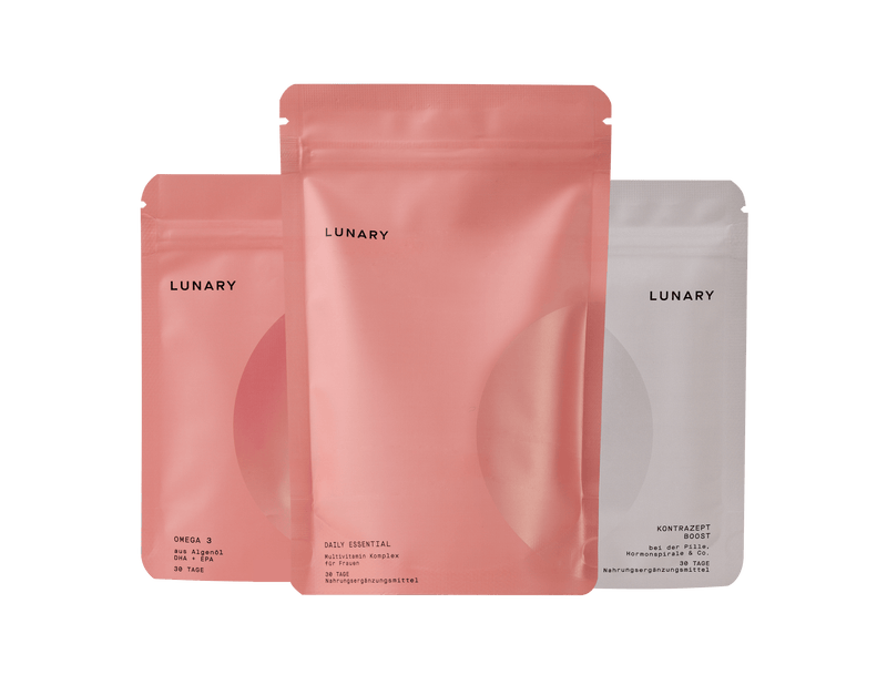 Set Daily Essential plus Kontrazept Boost Nahrungsergänzungsmittel für die hormonelle Verhütung von Lunary.