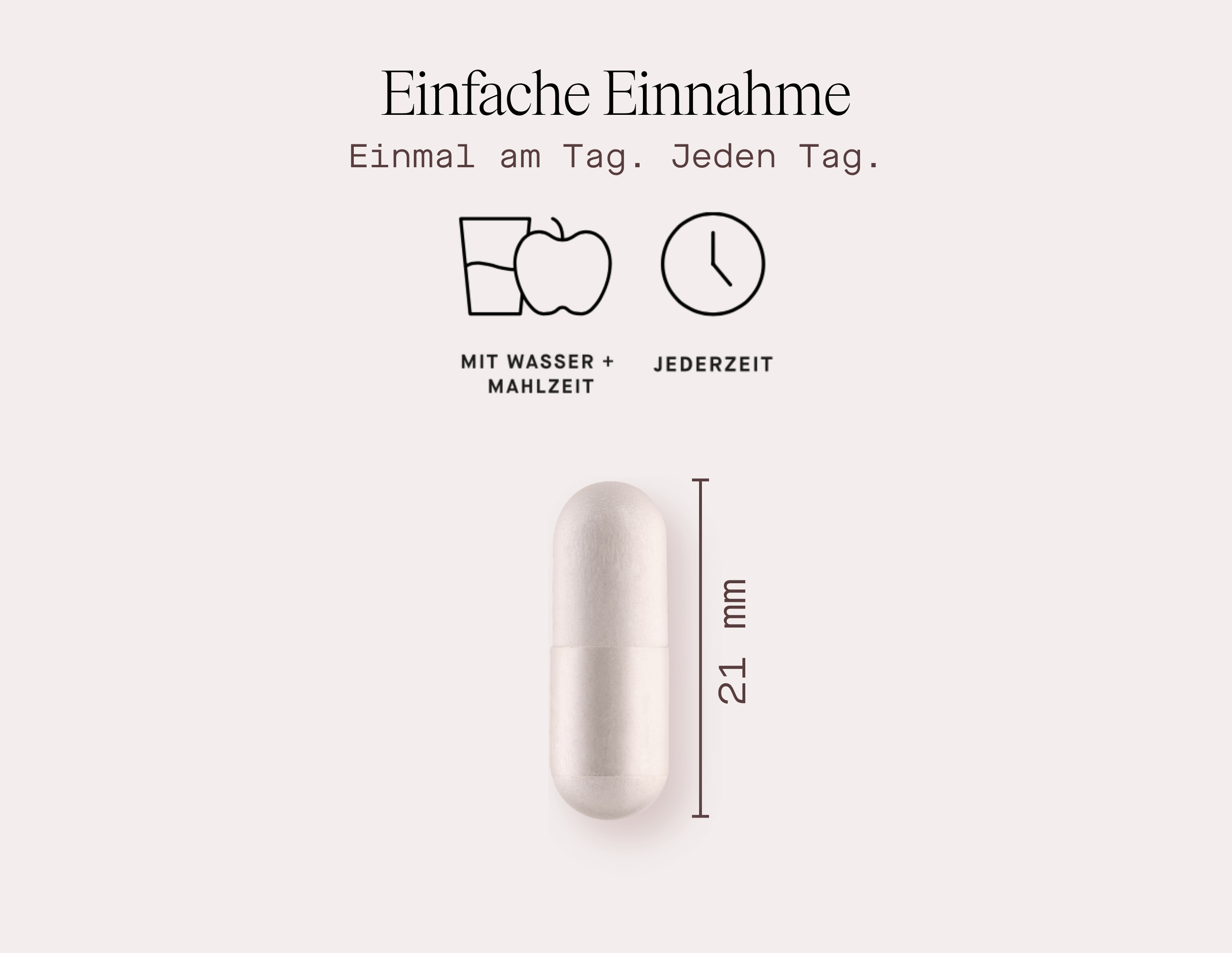 Einfache Einnahme des LUNARY 65+ BOOST Nahrungsergänzungsmittels, einmal täglich mit Wasser und Mahlzeit.