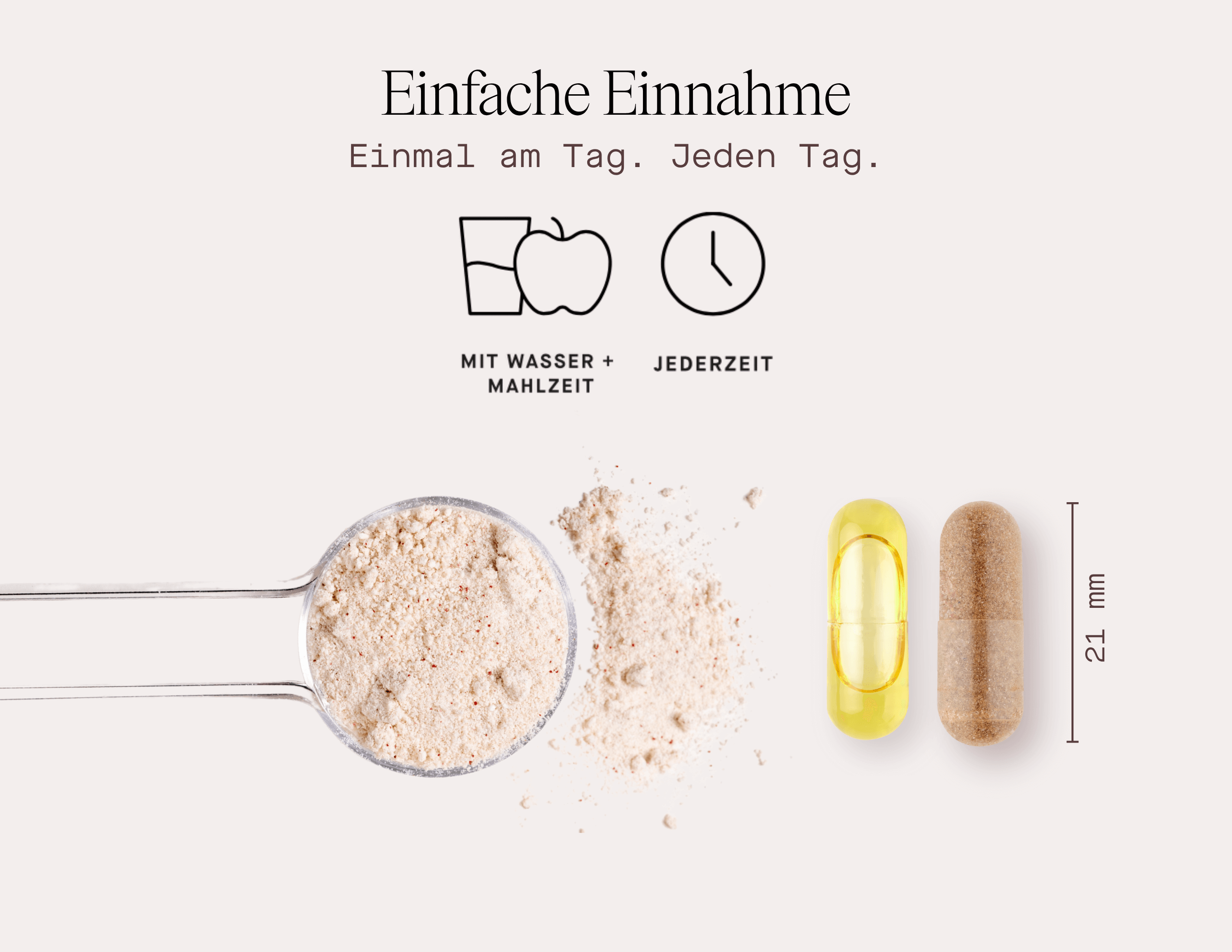 Set Daily Essential plus Kontrazept Boost: Einfacher Einnahmeprozess mit Pulver und Kapseln, täglich einmal, mit Wasser.