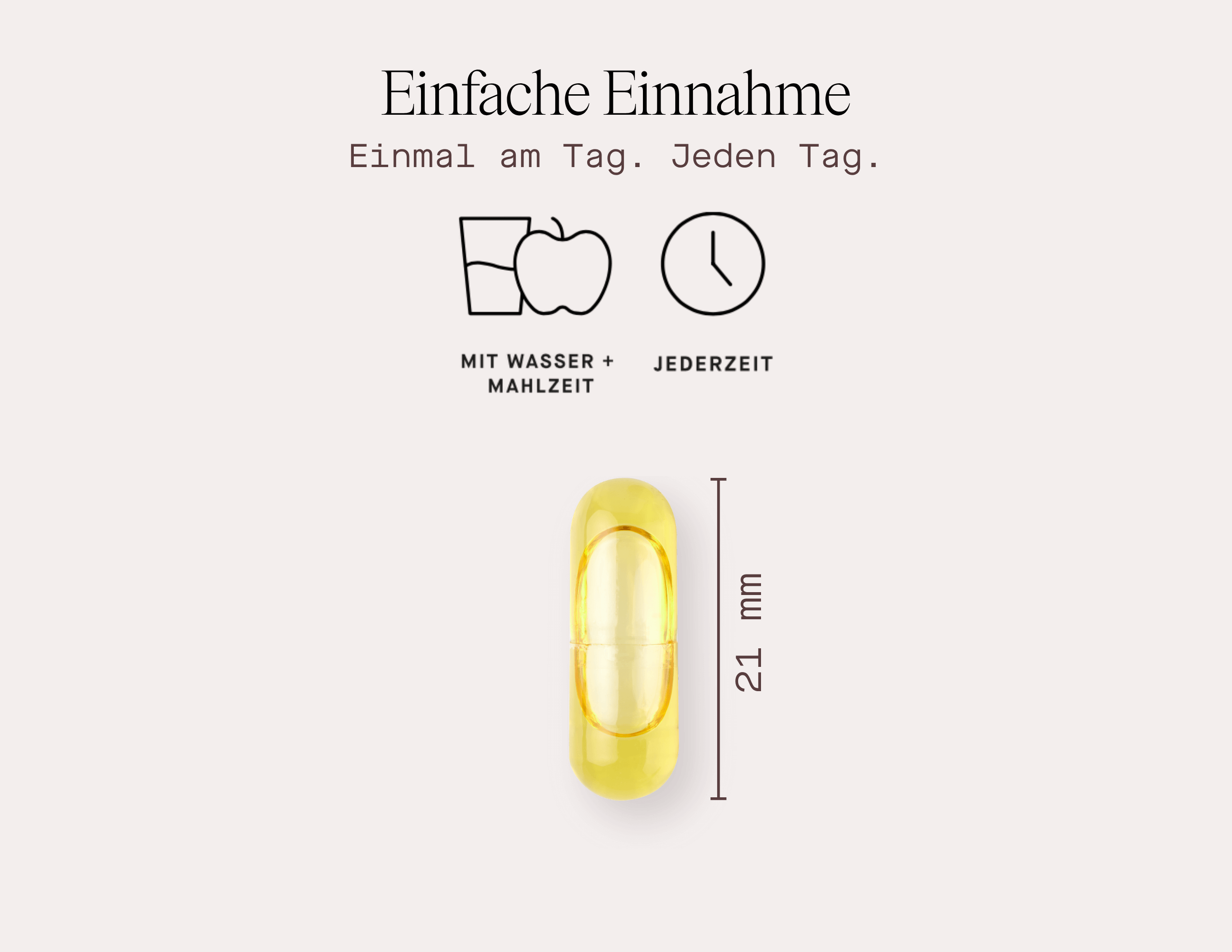Abbildung einer Omega-3-DHA+EPA-Weichgelkapsel mit Anweisungen zur täglichen Einnahme.