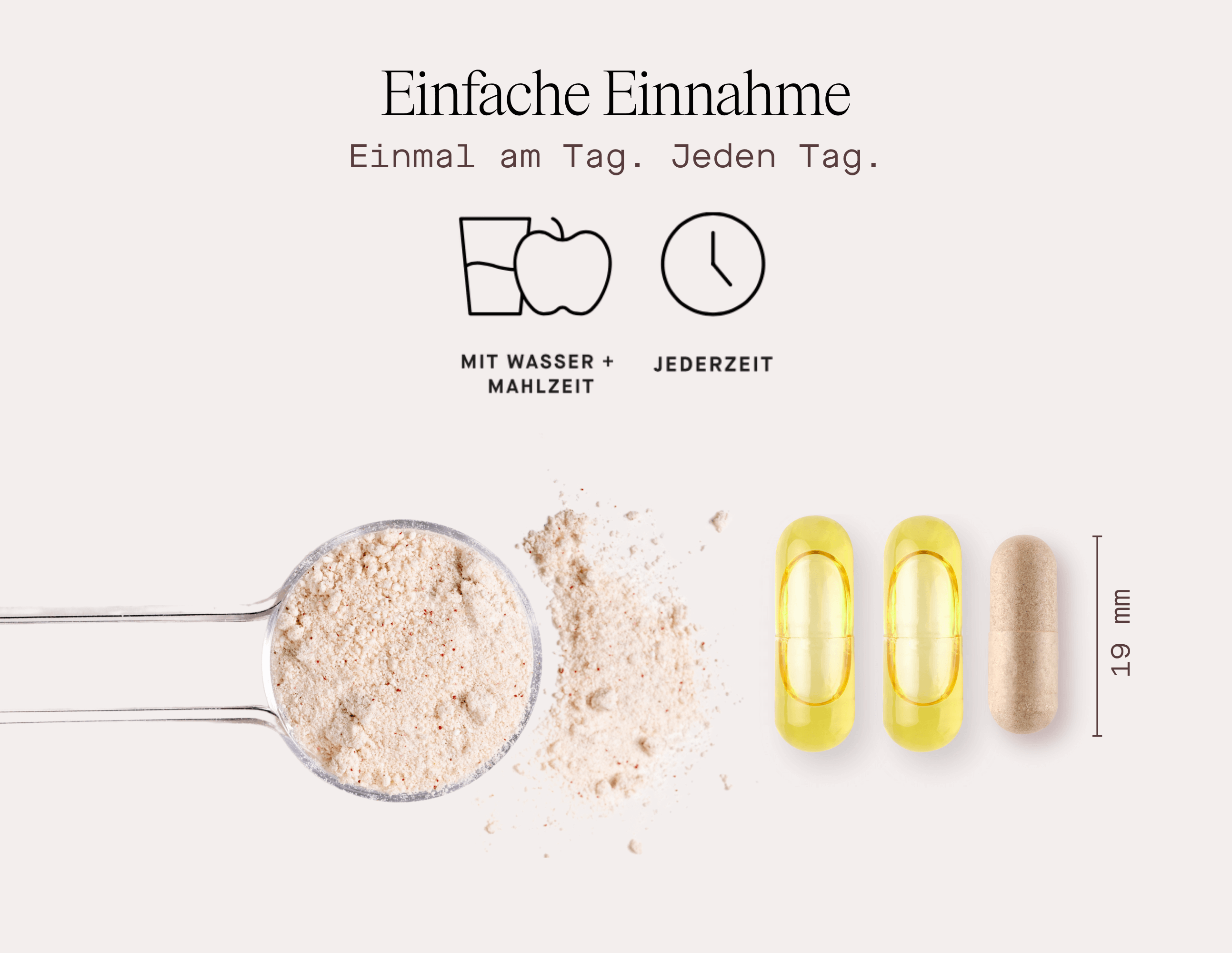 Abbildung der Nahrungsergänzungsmittel-Einnahme mit Löffel, Pulver und Kapseln für den täglichen Gebrauch, Stillzeit Vitamine