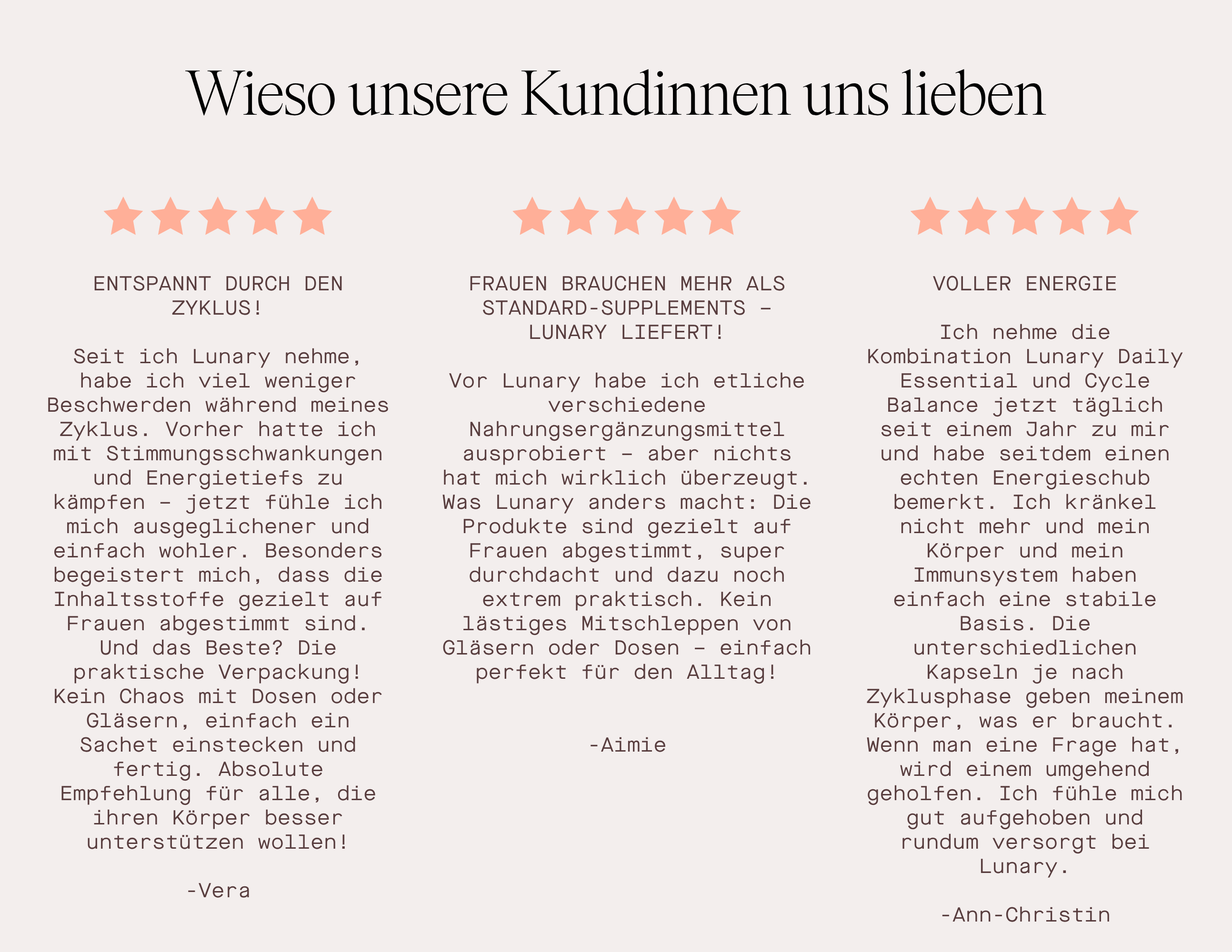 Kundenbewertungen für Lunary Daily Essential und Cycle Balance, die Hormongeleichgewicht und Energie verbessern.