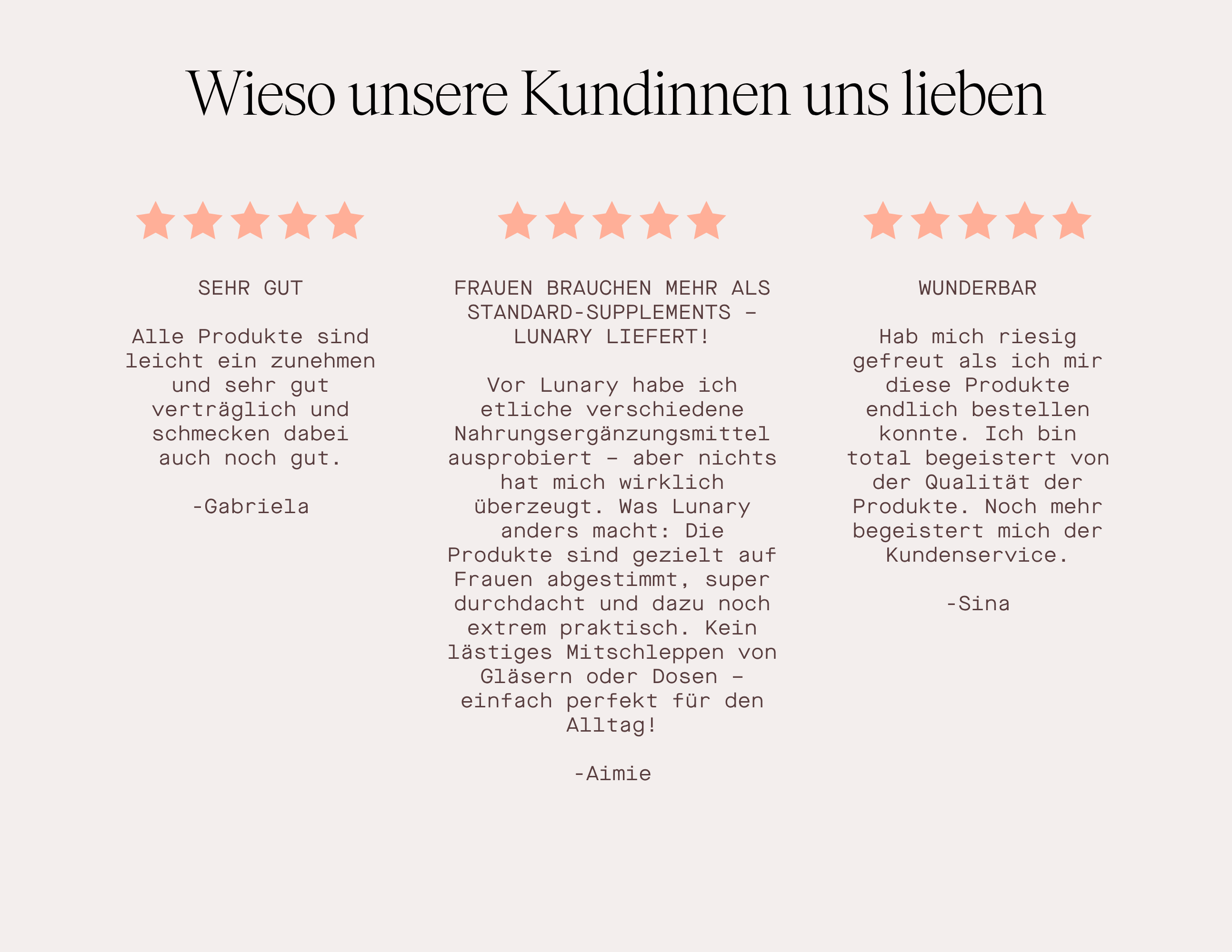 Kundenbewertungen über LUNARY Produkte mit positiven Rückmeldungen von Gabriela, Aimé und Sina.