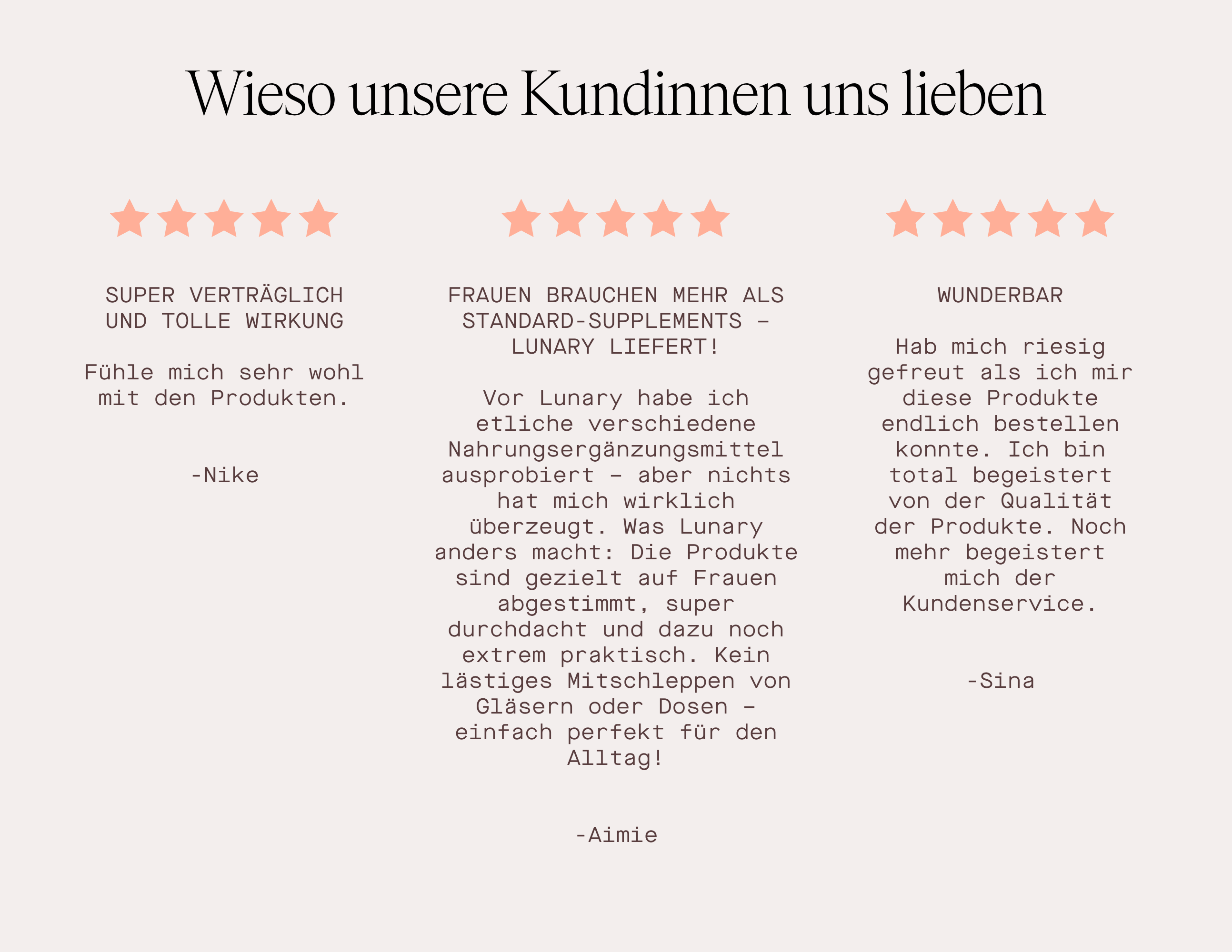 Kundenbewertungen für LUNARY Produkte mit fünf Sternen von verschiedenen Frauen, mit positiven Erfahrungen.