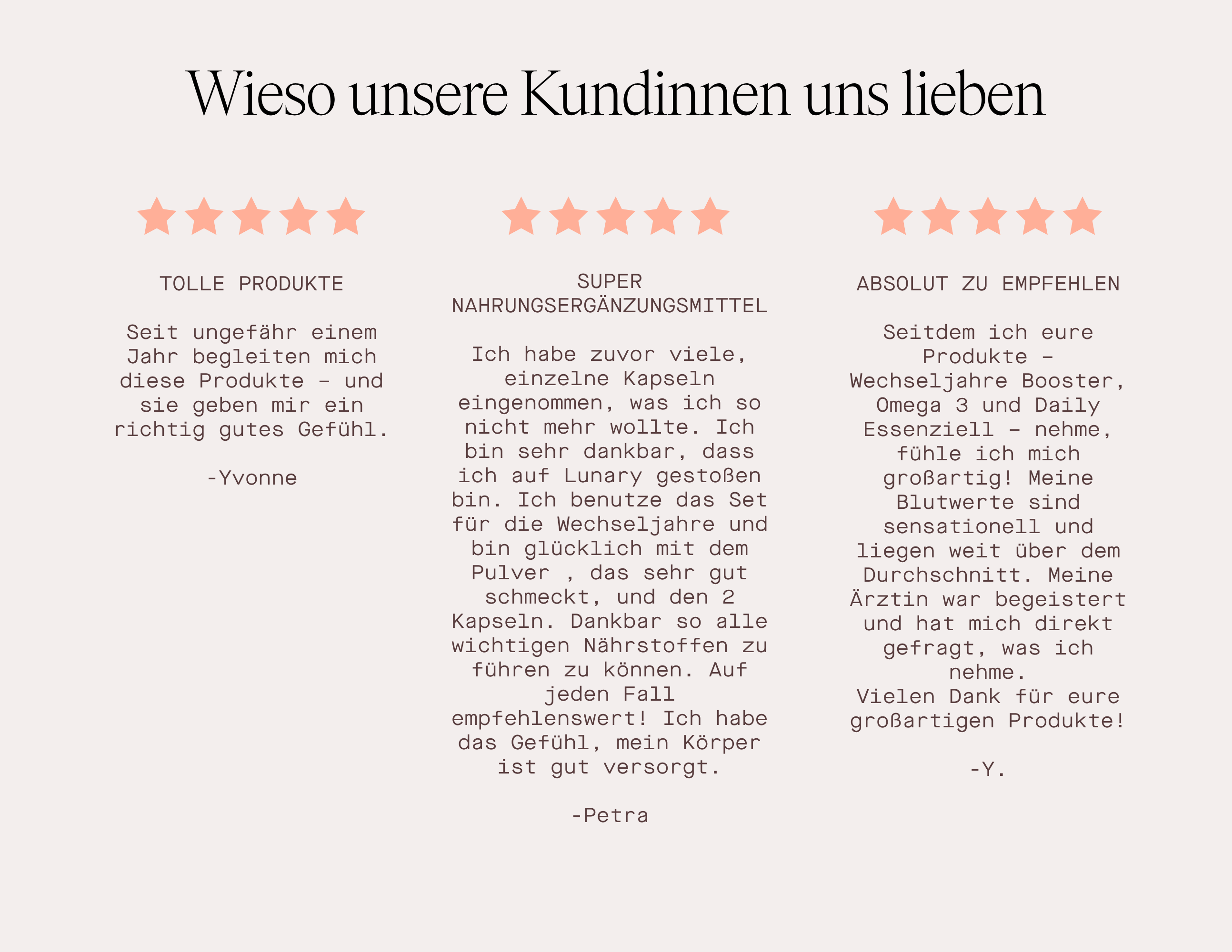 Kundenbewertungen für LUNARY Produkte zum Thema Wechseljahre mit fünf Sternen, Verwendung Nahrungsergänzungsmittel Wechseljahre