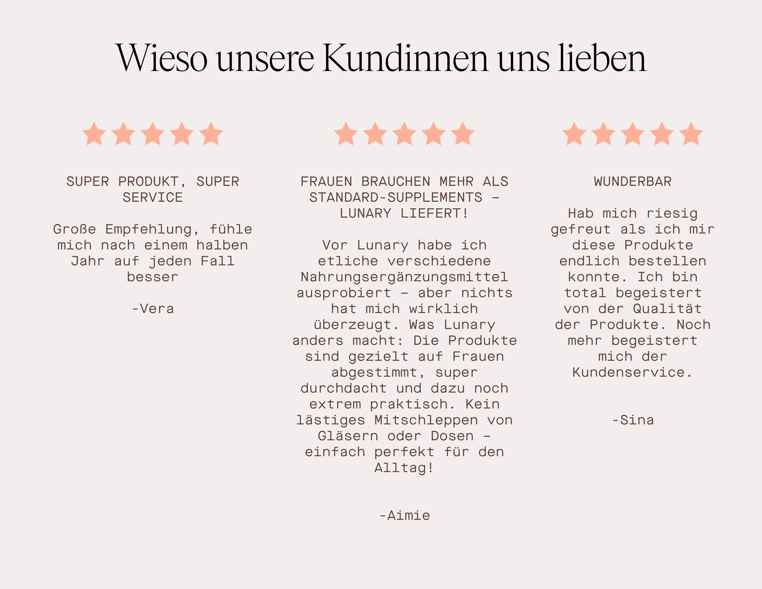 Kundenbewertungen für LUNARY Produkte, inklusive positives Feedback und Empfehlungen von Frauen, Nahrungsergänzung für Veganerinnen