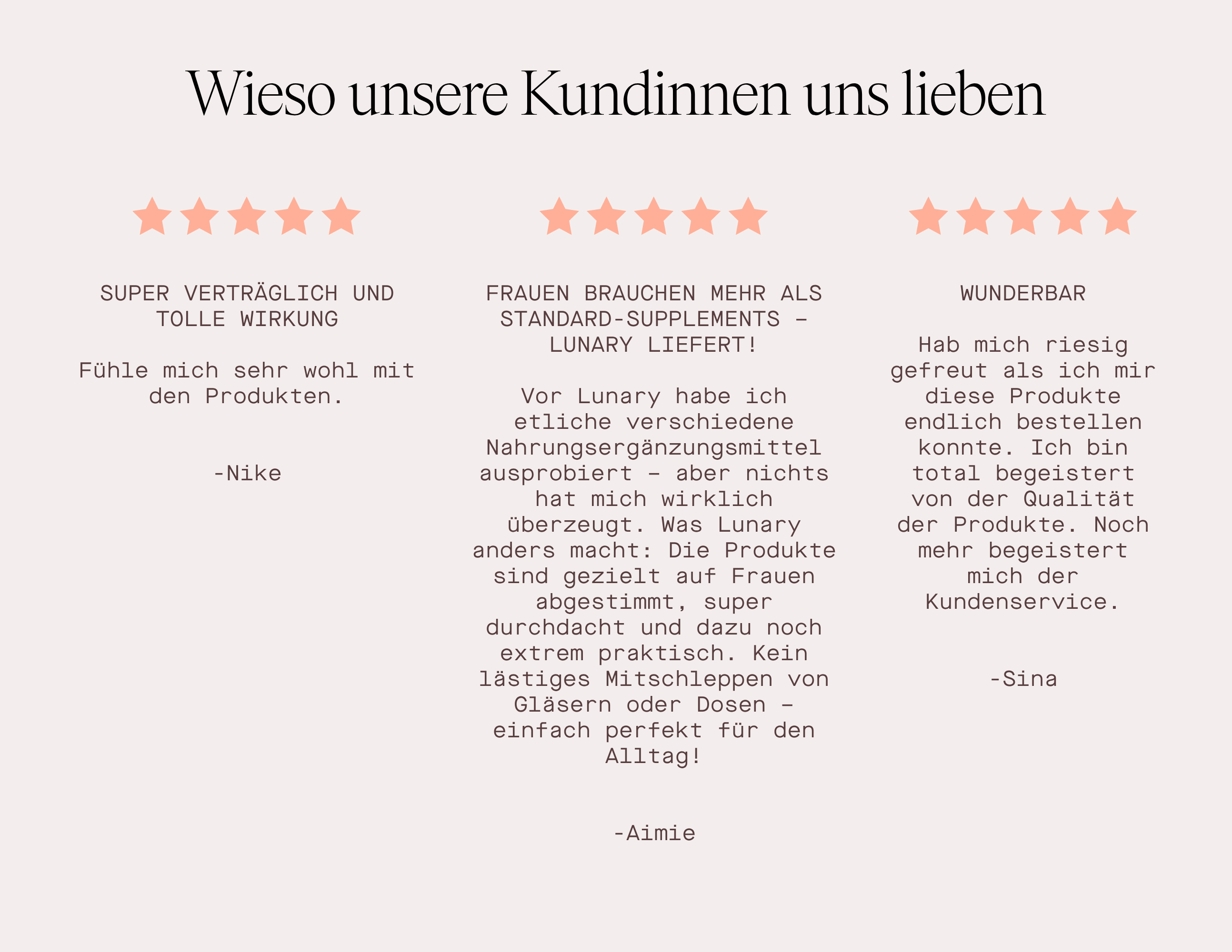 Kundenbewertungen für Lunary Nahrungsergänzungsmittel mit positiven Erfahrungen und 5-Sterne-Bewertungen.