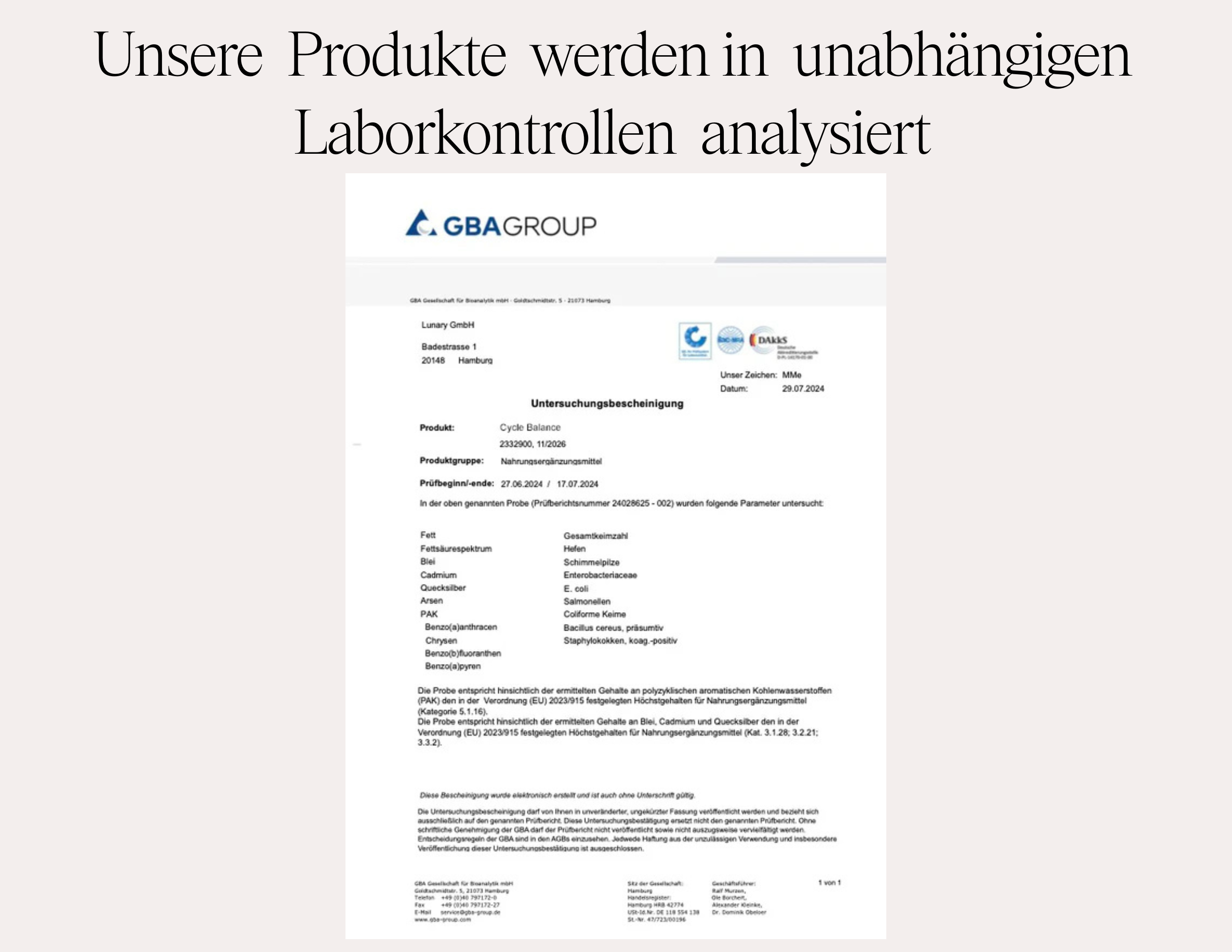 Unabhängige Laboranalyse für Qualität und Sicherheit unserer Produkte, GBA GROUP Zertifikat.