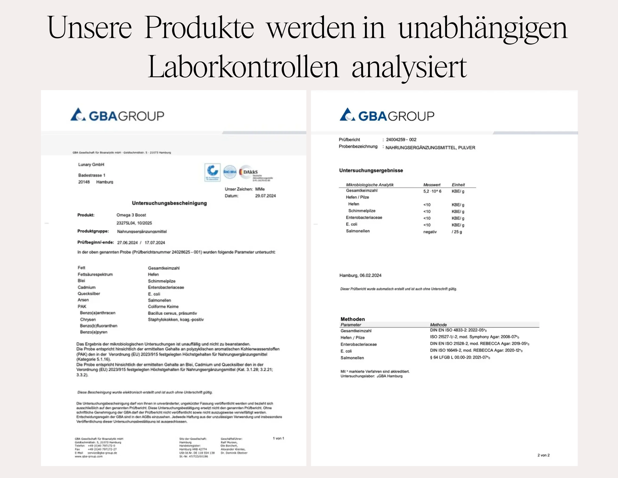 Laboratory analysis report confirming product quality and safety from GBA Group