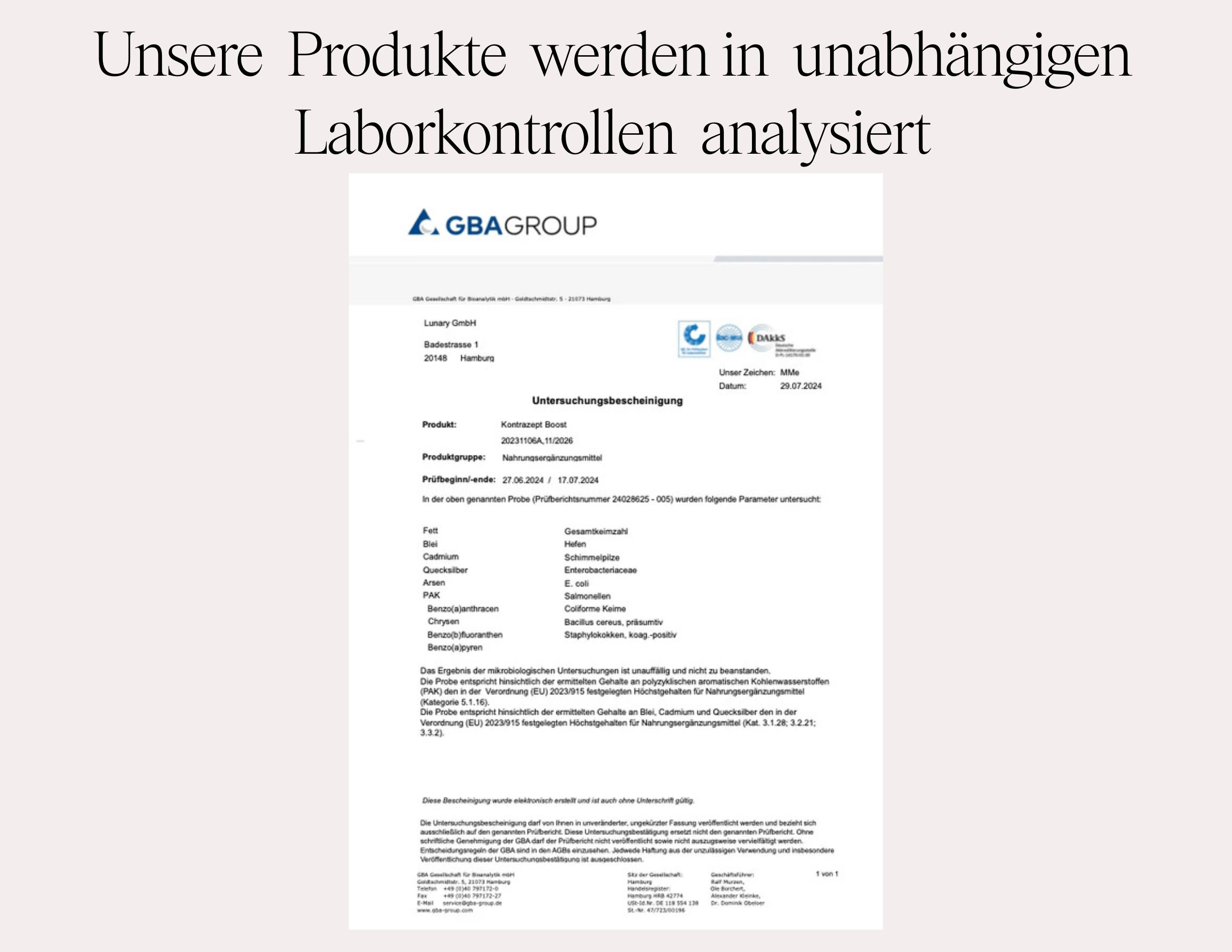 Laboratory analysis certification for product quality assurance by GBA Group.