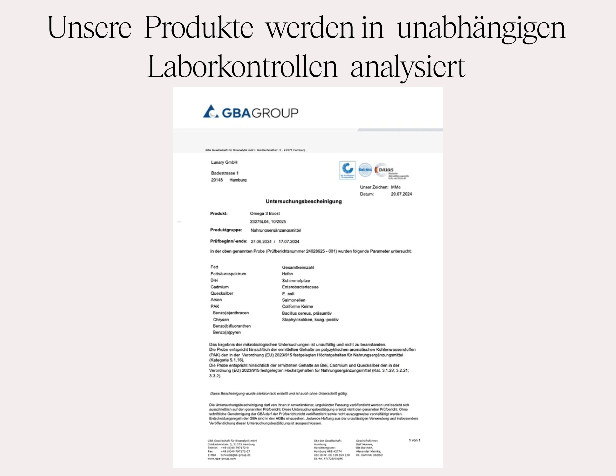 Zertifikat der GBA Group, das die unabhängige Laboranalyse der LUNARY Produkte bestätigt.