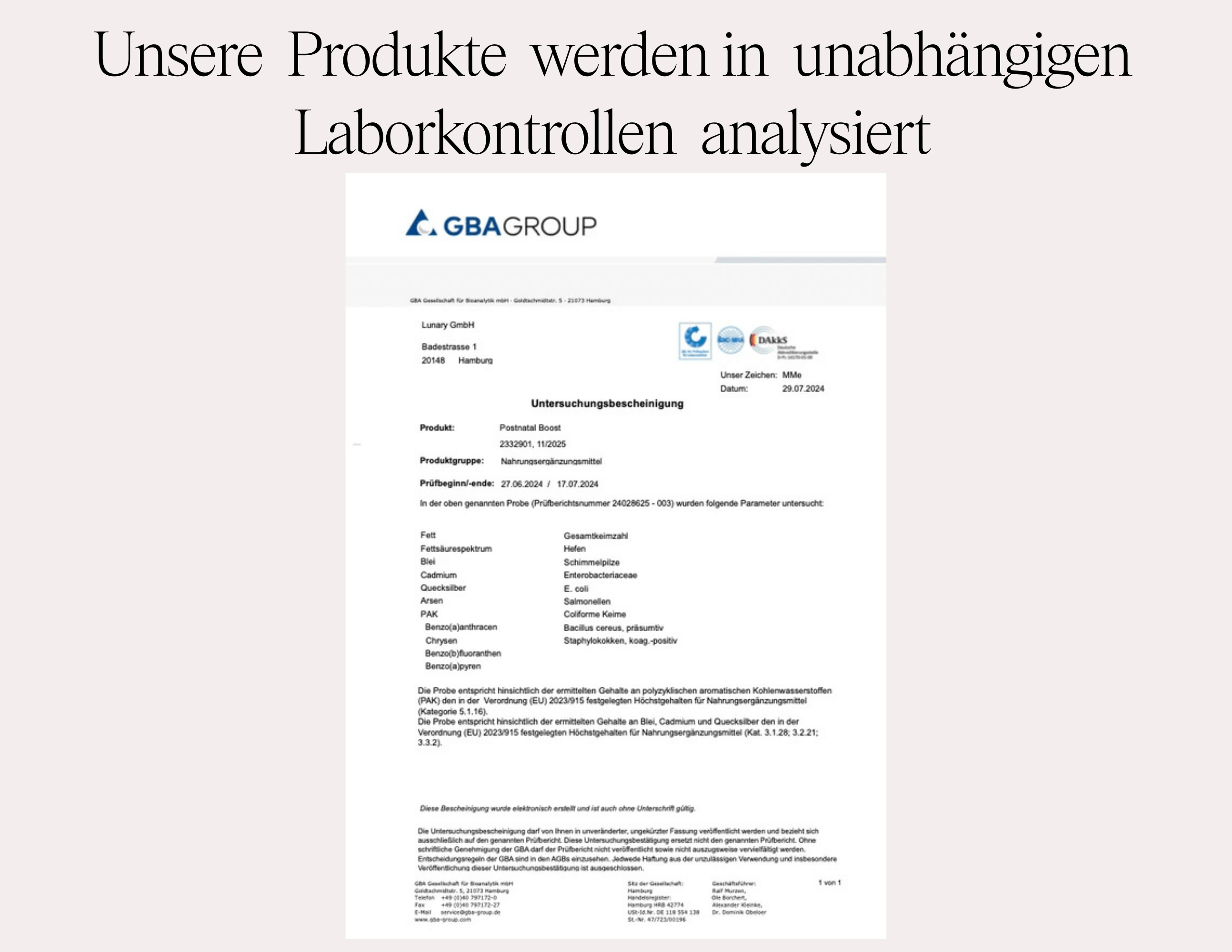 Laboranalysebericht zur Qualitätskontrolle von Produkten durch die GBA Group, Stillzeit Vitamine