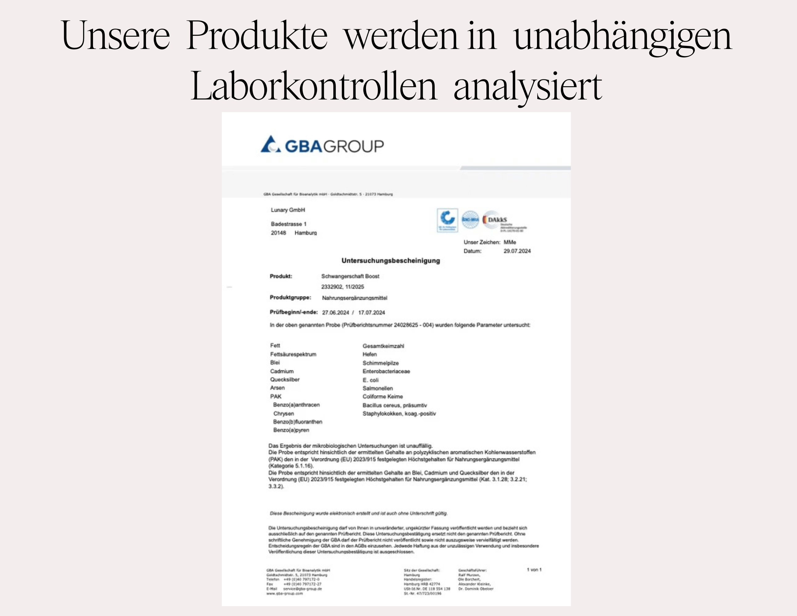 Laboranalysezertifikat der GBA Group zur Qualitätssicherung von Produkten, Nahrungsergänzungsmittel Schwangerschaft