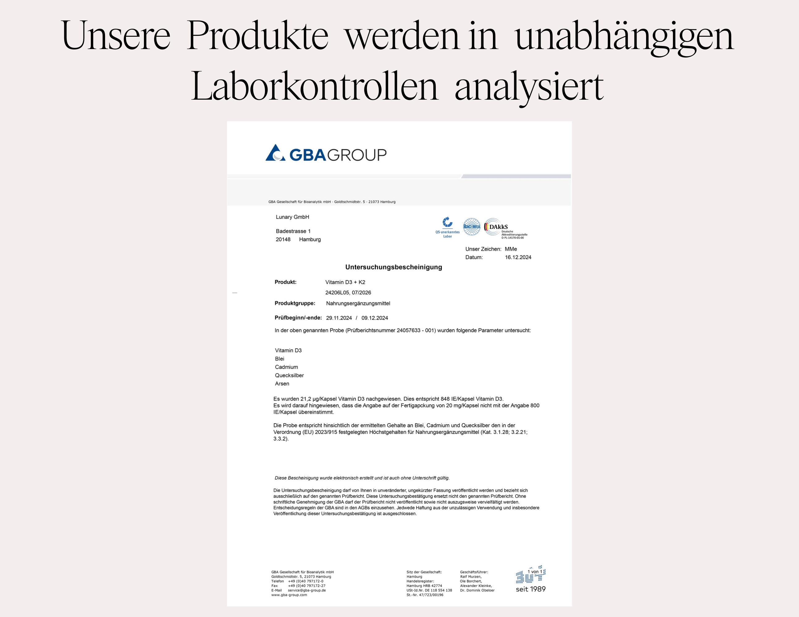 Zertifikat von GBA Group über unabhängige Laboranalysen unserer Produkte.