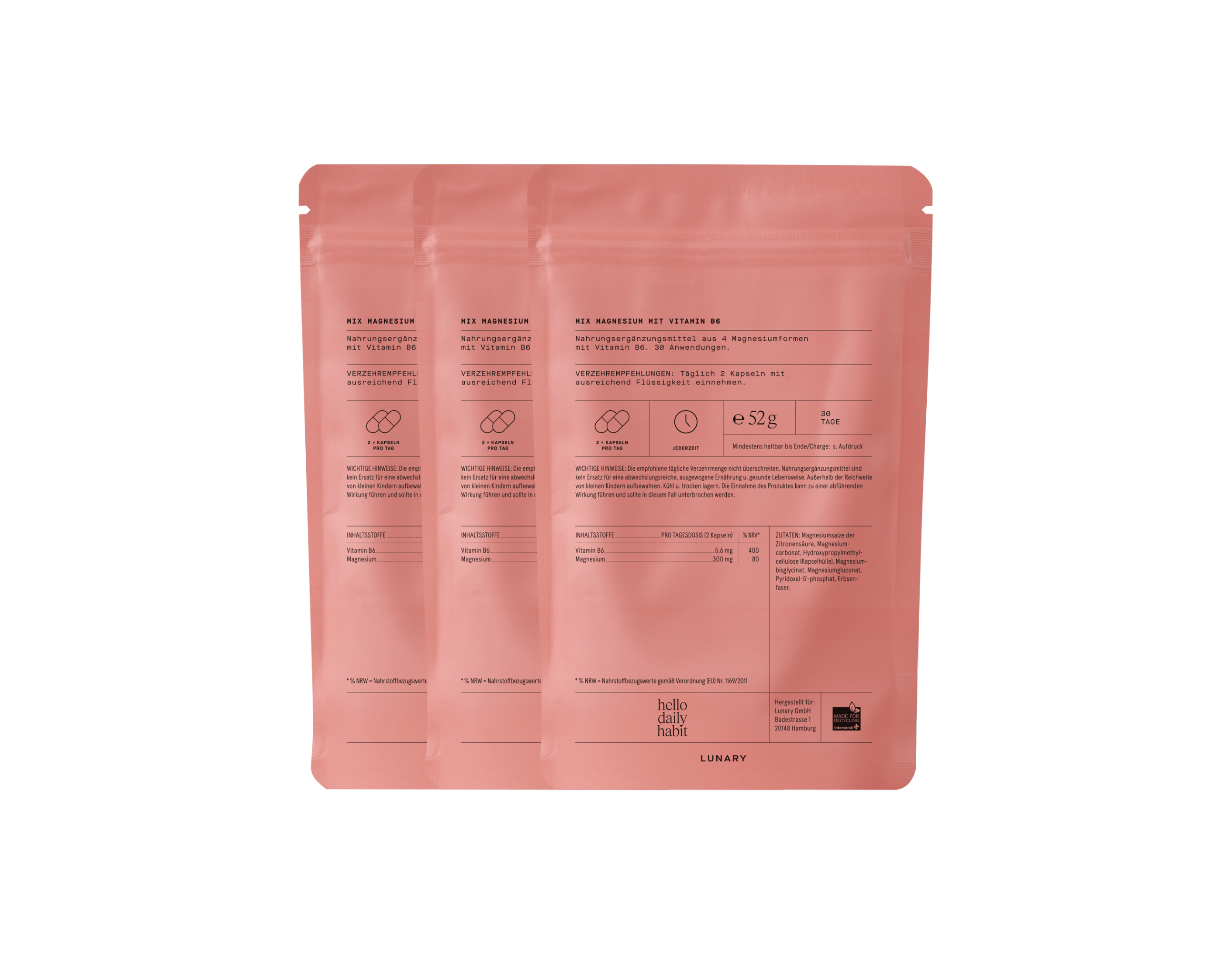 LUNARY Magnesium Komplex 4 Packung mit 3 Kapseln, enthält Magnesiumgluconat, Magnesiumbisglycinat, Magnesiumcarbonat.