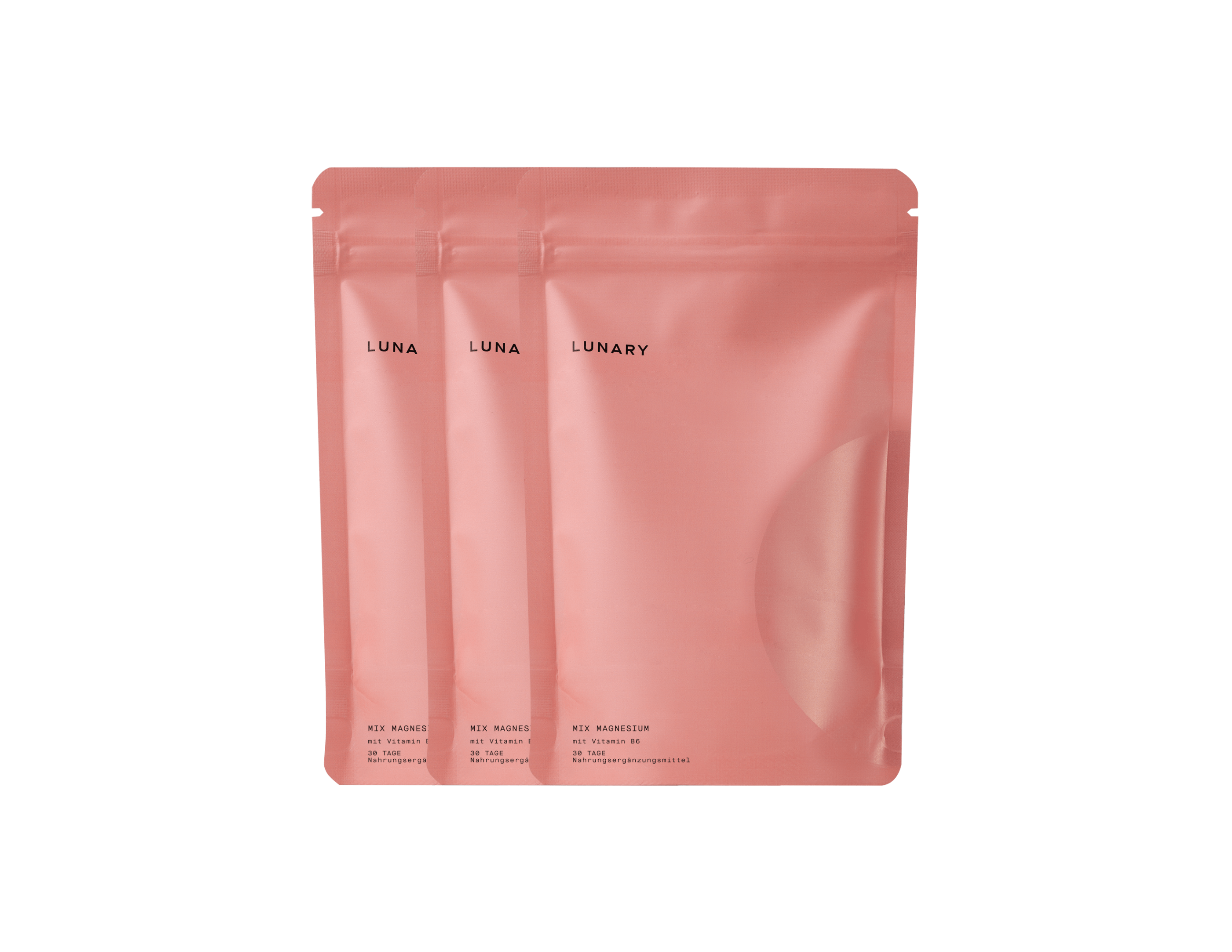 LUNARY Magnesium Komplex 4 Kapseln in eleganten rosa Verpackungen, Nahrungsergänzungsmittel für Magnesiumversorgung.