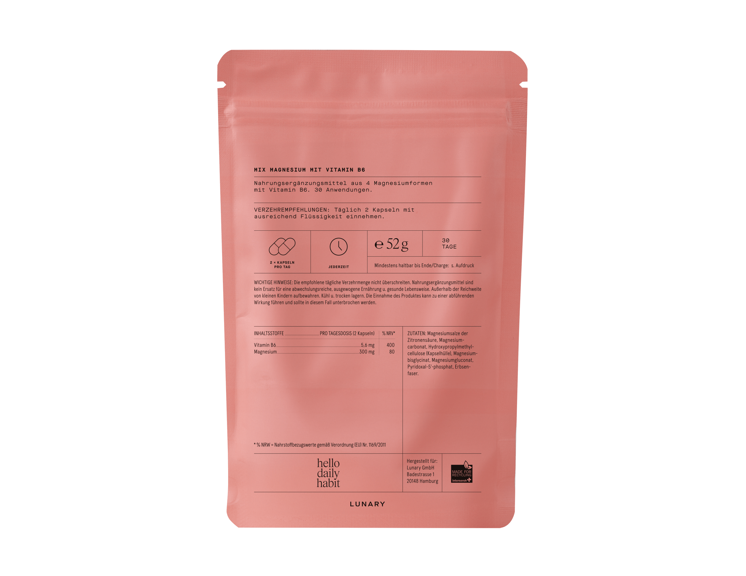 Rückseite der Verpackung von LUNARY Magnesium Komplex 4 - Nahrungsergänzungsmittel mit Inhaltsstoffen und Nährwerten