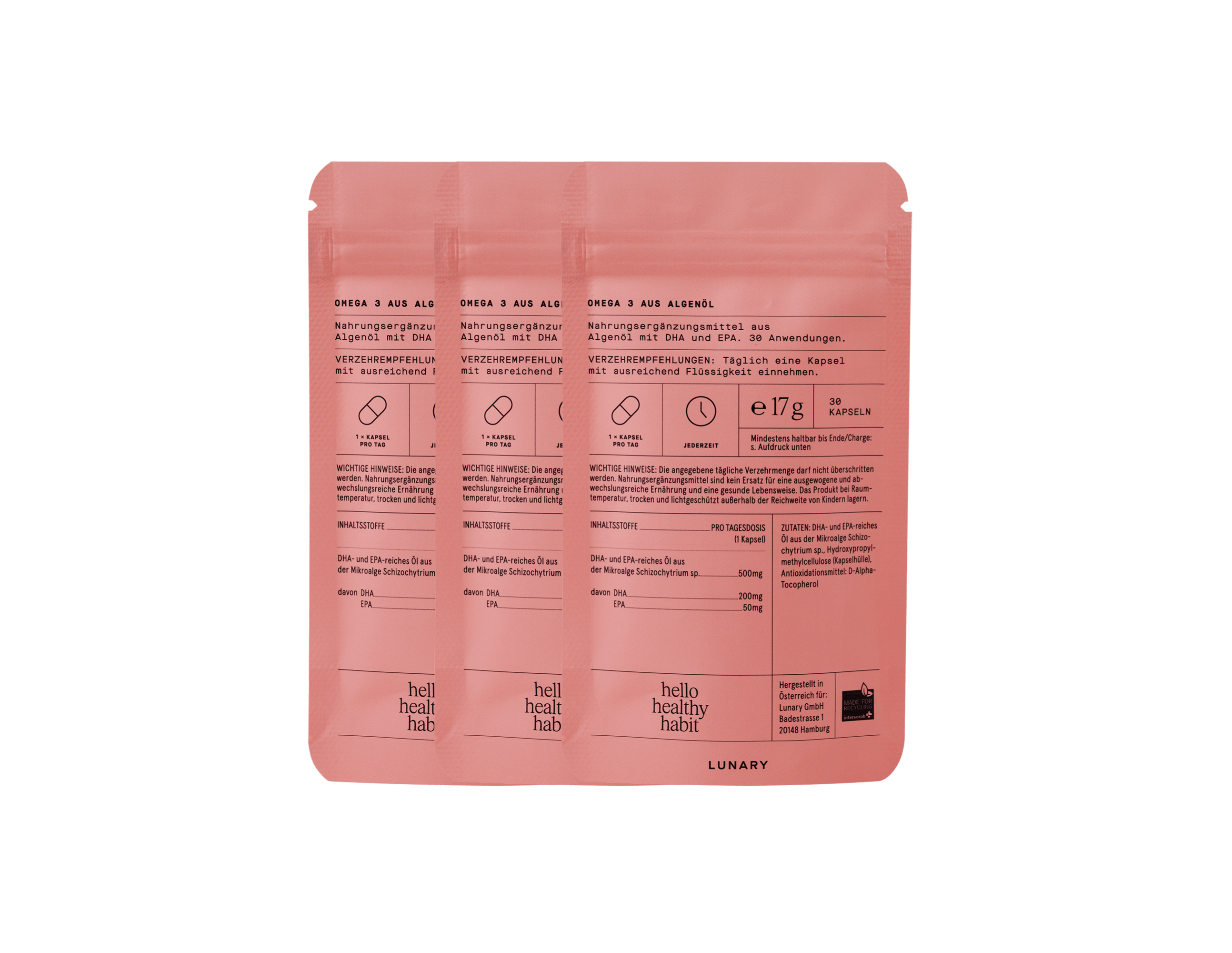 LUNARY Omega 3 DHA+EPA Nahrungsergänzungsmittelverpackung, veganes und nachhaltiges Algenöl.