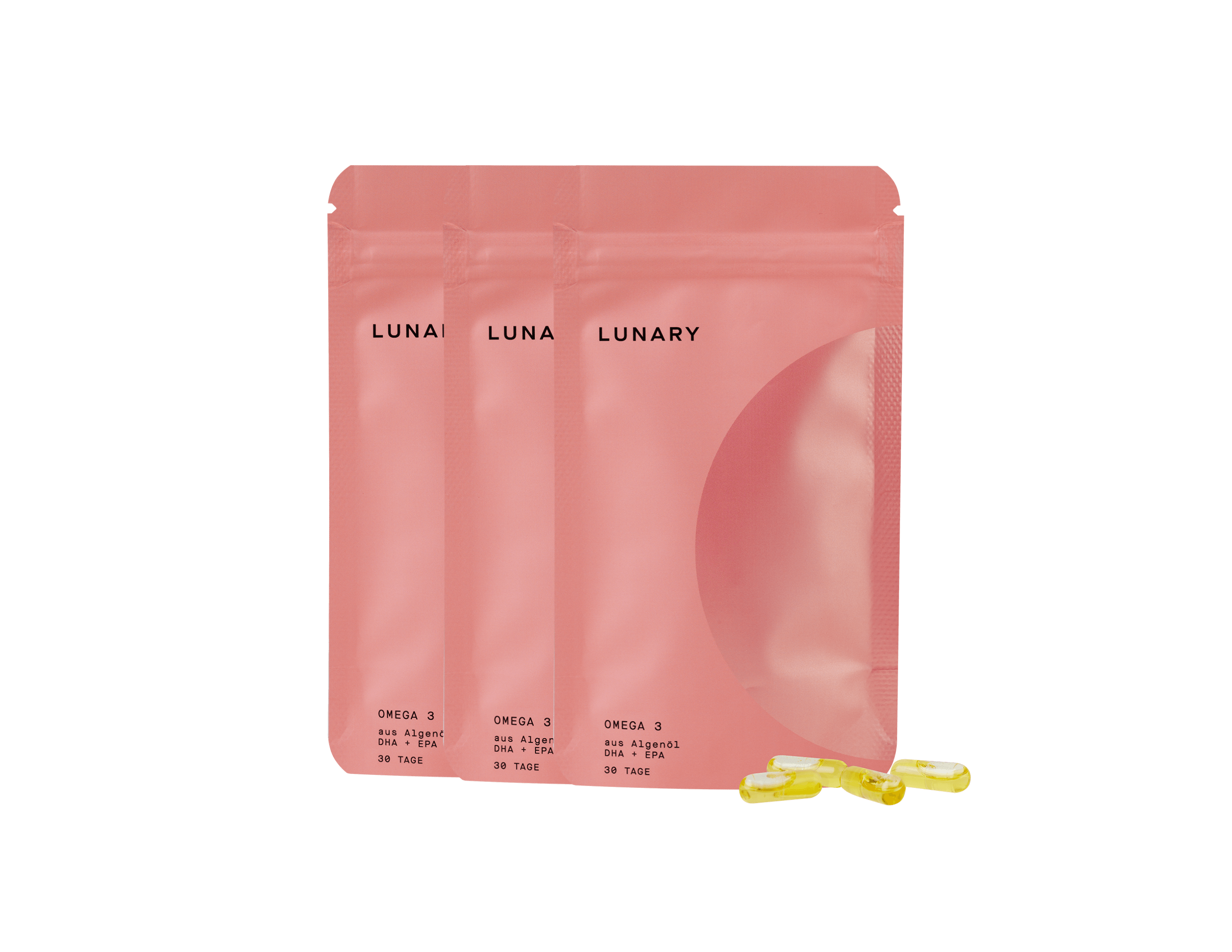 LUNARY Omega 3 DHA+EPA Nahrungsergänzungsmittel in veganem Algenöl, drei Packungen mit Kapseln.