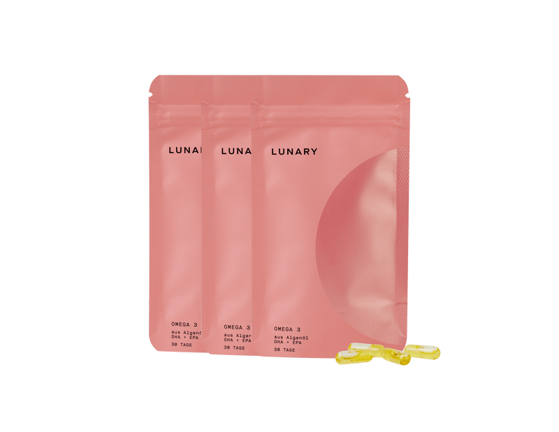 LUNARY Omega 3 DHA+EPA Nahrungsergänzungsmittel in veganem Algenöl, drei Packungen mit Kapseln.