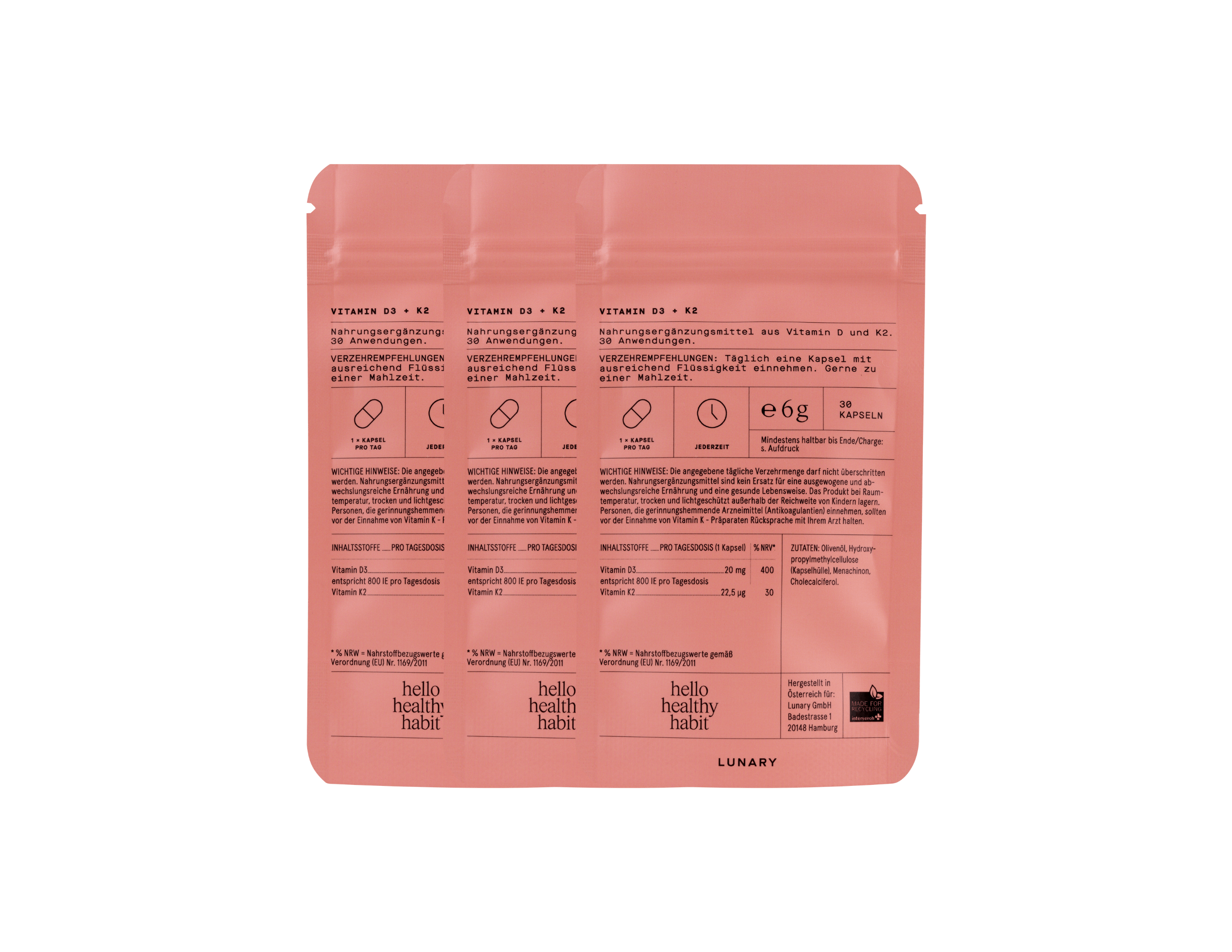 Drei Packungen Vitamin D3 + K2 MK7 Nahrungsergänzungsmittel in Öl-basierten Kapseln, vegan und bioverfügbar.