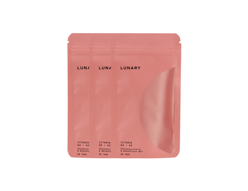 LUNARY Vitamin D3 + K2 MK7 Nahrungsergänzungsmittelverpackung für 30 Tage, vegan, nährstoffreich.