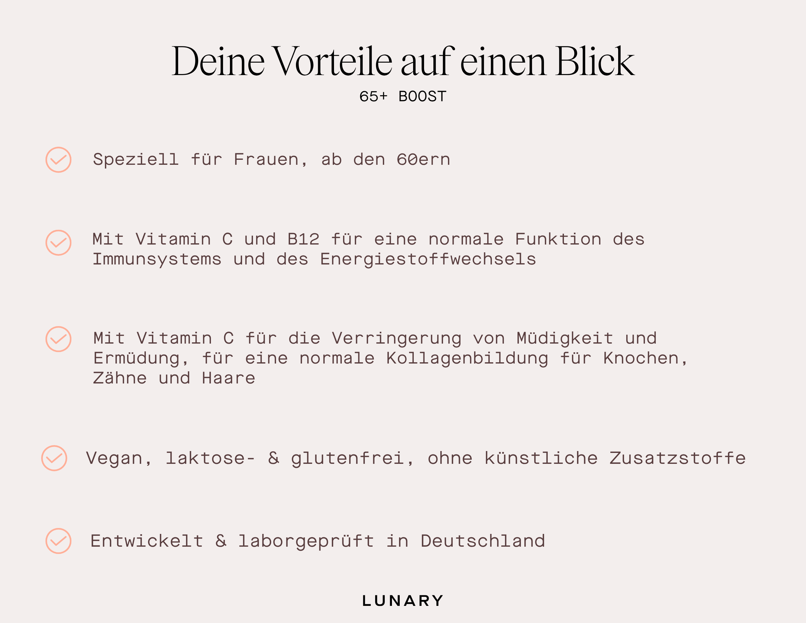Vorteile des 65+ Boost Nahrungsergänzungsmittels für Frauen ab 60 mit Vitaminen und veganen Inhaltsstoffen.