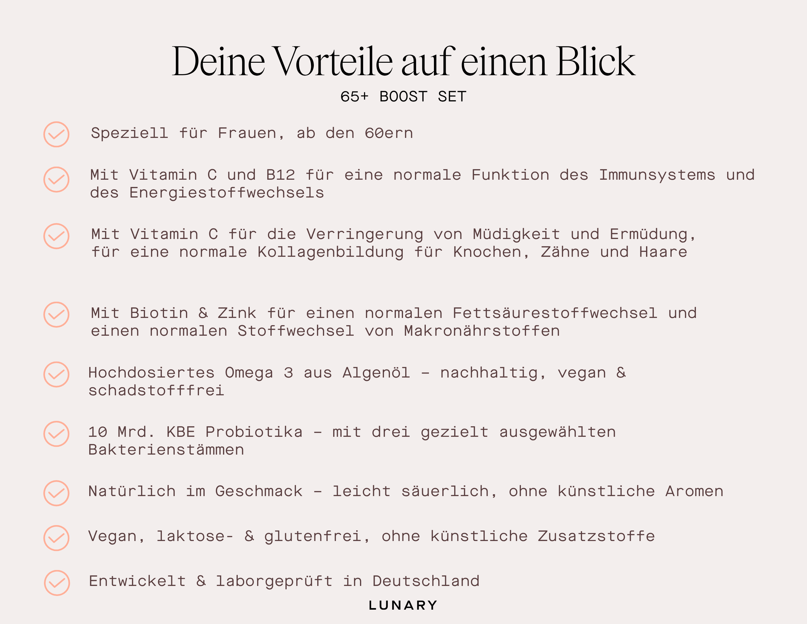 Vorteile des LUNARY 65+ BOOST Set für Frauen ab 60, mit Vitaminen und Probiotika, vegan und glutenfrei.