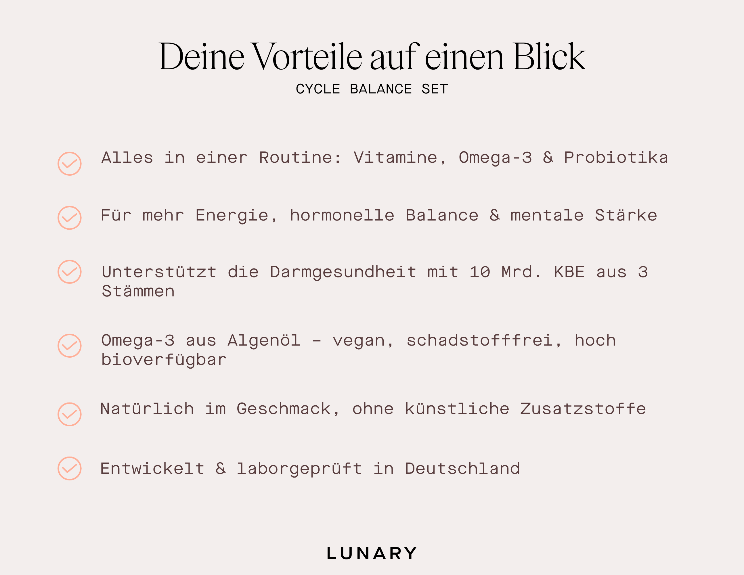 Vorteile des Cycle Balance Sets: Vitamine, Omega-3, Probiotika für Energie und hormonelle Balance.