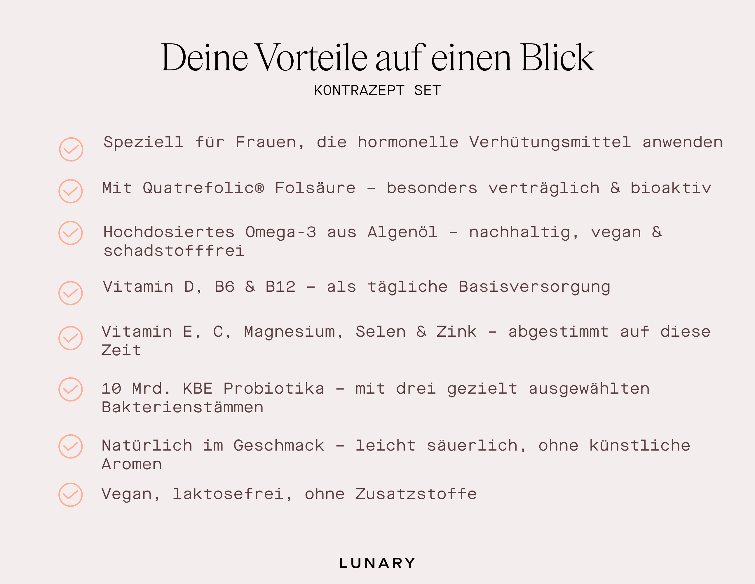 Vorteile des Kontrazept Sets für Frauen: bioaktive Folsäure, Omega-3 aus Algen, Vitamine und Probiotika.