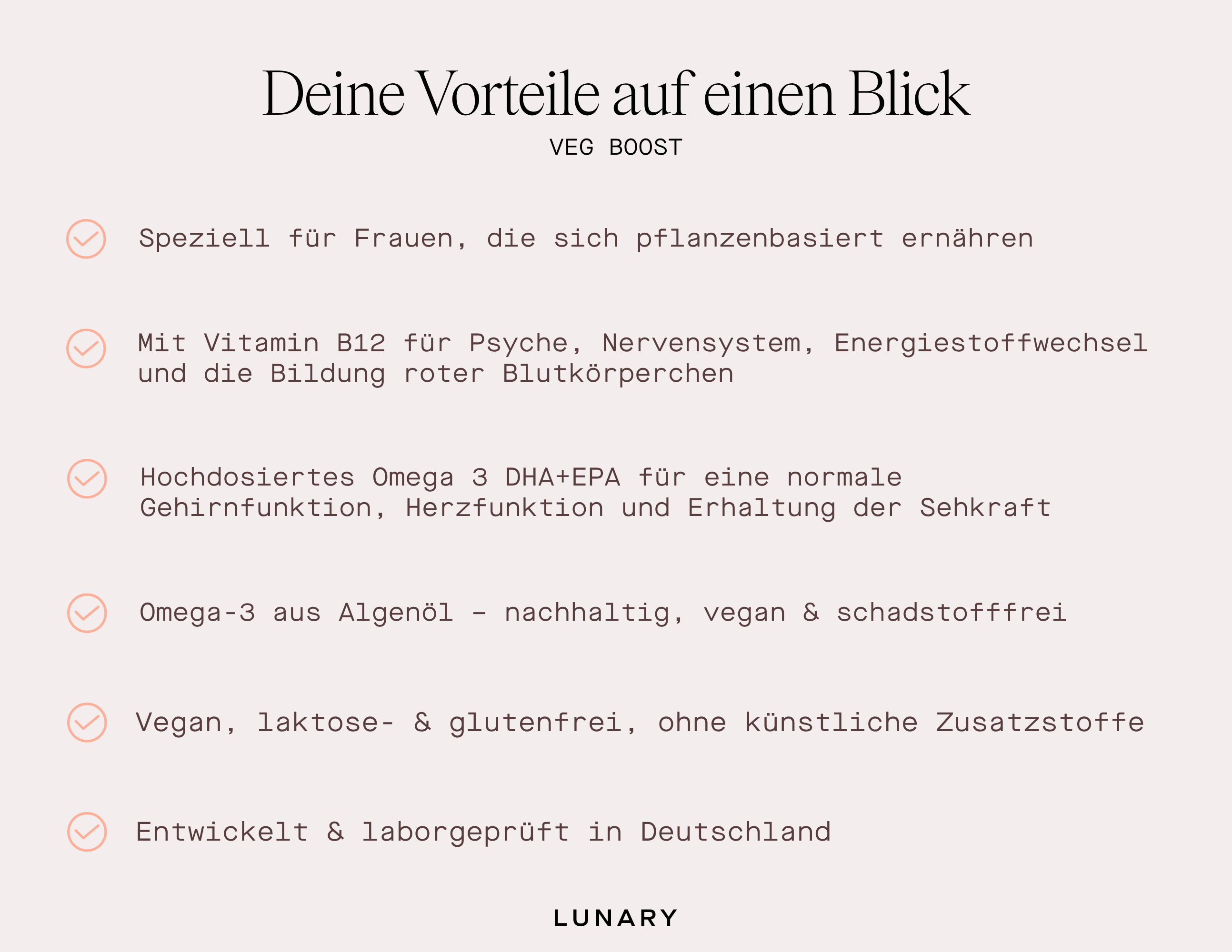 Veg Boost Vorteile für Frauen, pflanzenbasierte Ernährung, Vitamin B12, Omega-3, vegan, glutenfrei, in Deutschland entwickelt.