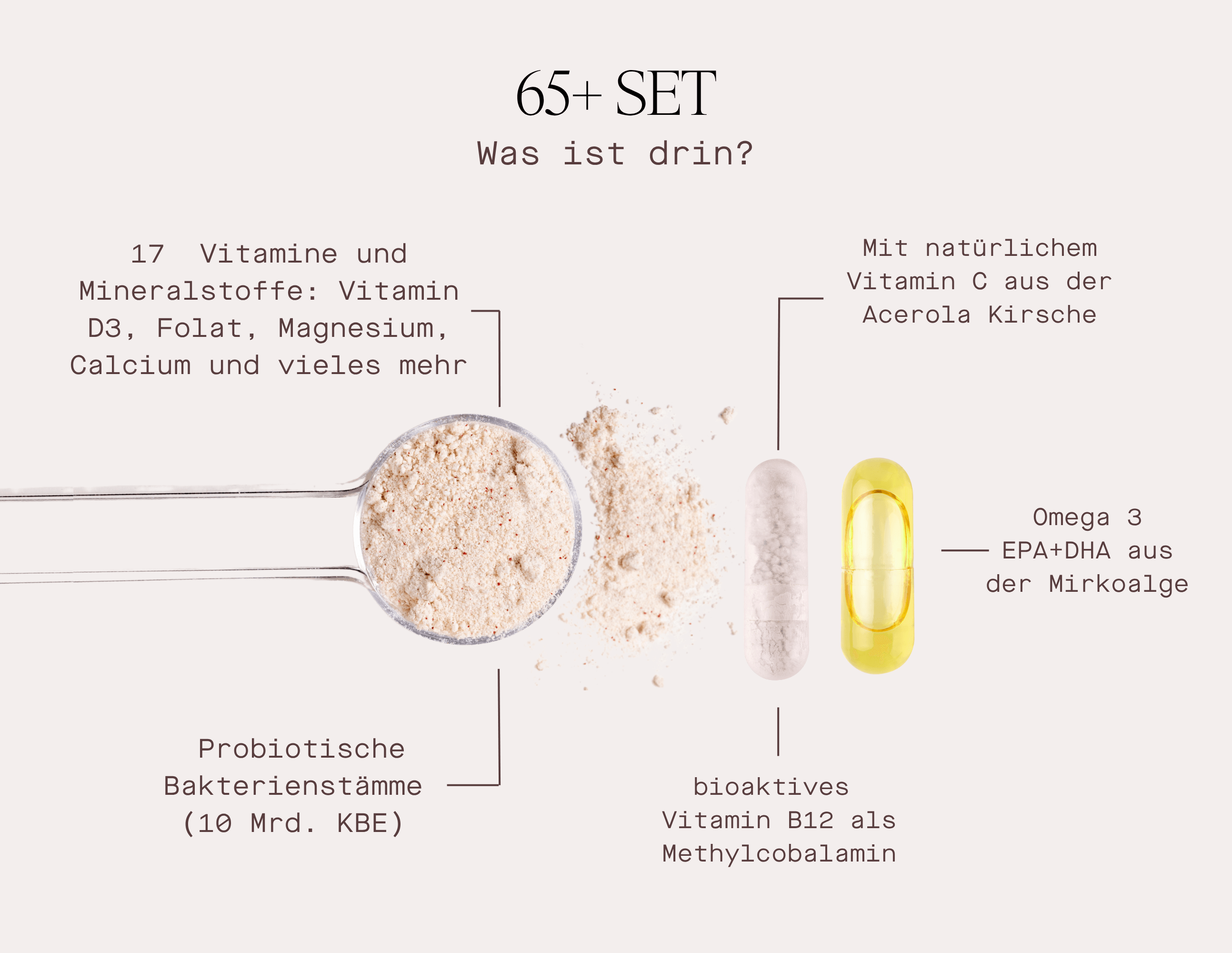 Set Daily Essential plus 65+ Boost, enthält 17 Vitamine, Mineralstoffe und Probiotika für Frauen ab 60.