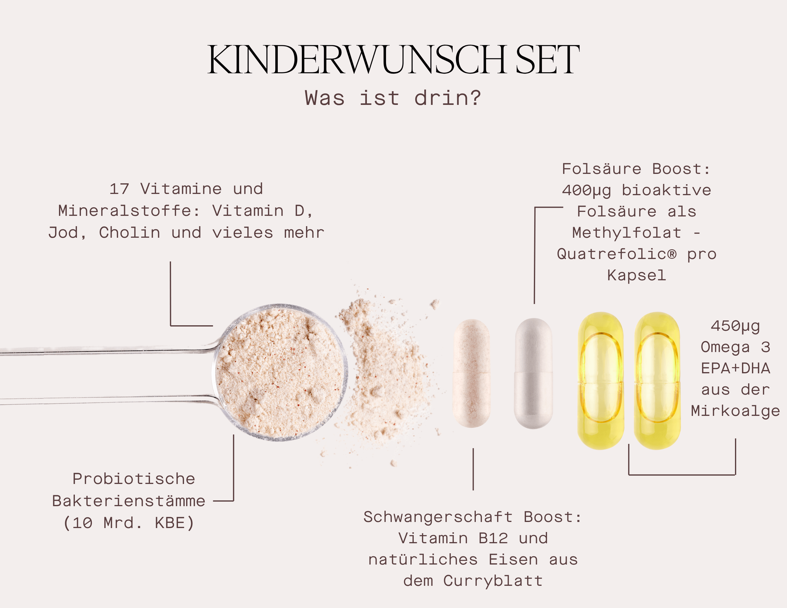 Inhaltsstoffe des Kinderwunsch Sets: Vitamine, Mineralstoffe, Folsäure und Probiotika für die Babyplanung, Kinderwunsch Vitamine