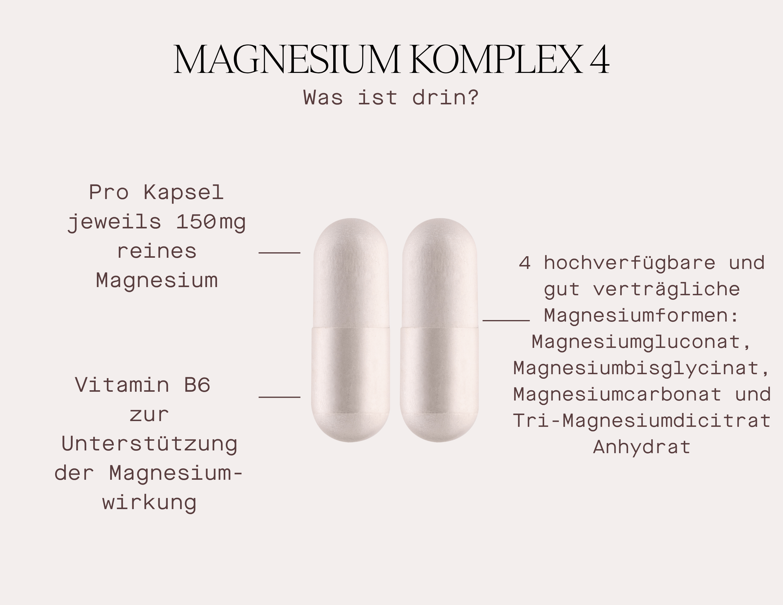 Magnesium Komplex 4 - Nahrungsergänzungsmittel mit 150mg reinem Magnesium pro Kapsel und Vitamin B6 für optimale Wirkung.