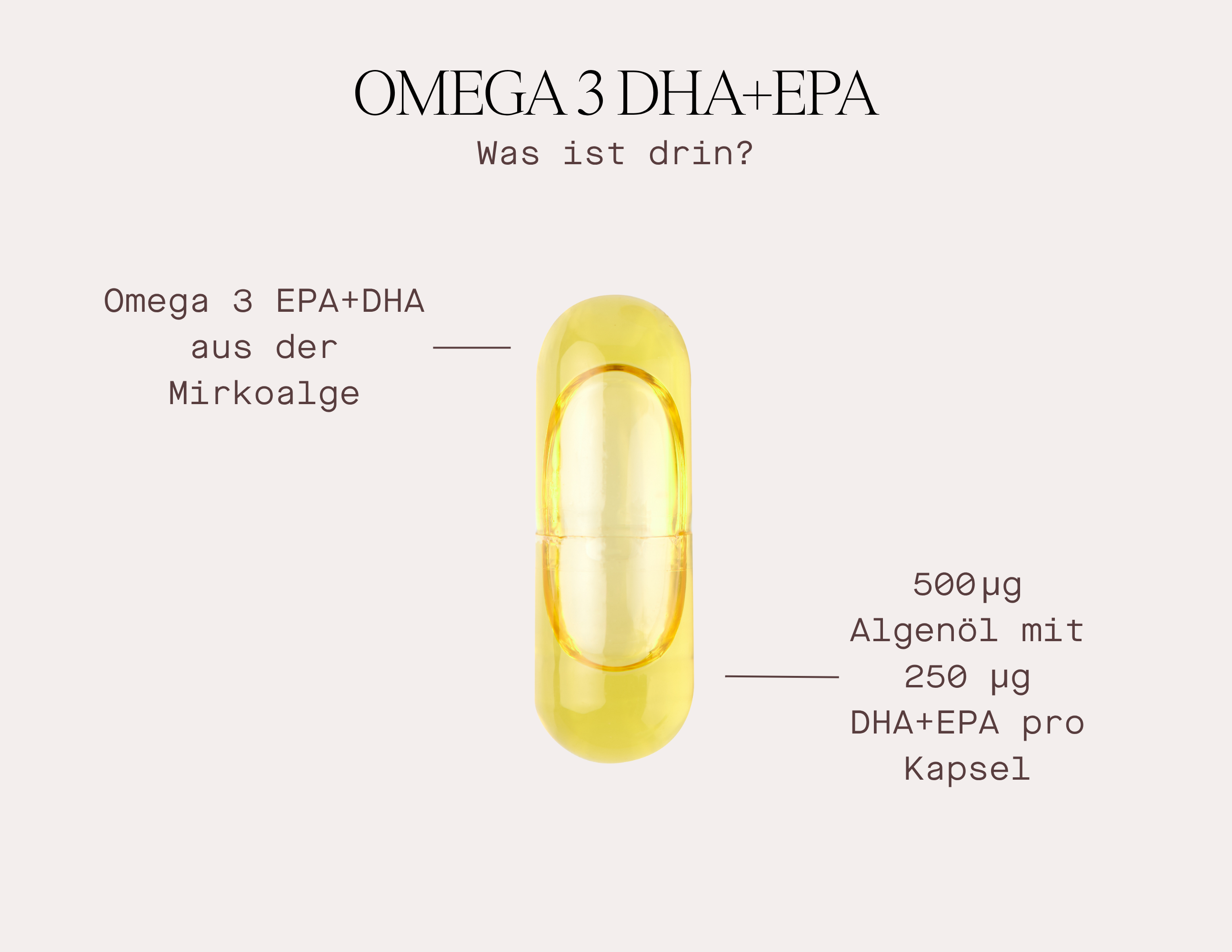 Omega 3 DHA+EPA capsule with details on ingredients and dosages, highlighting vegan supplement benefits.