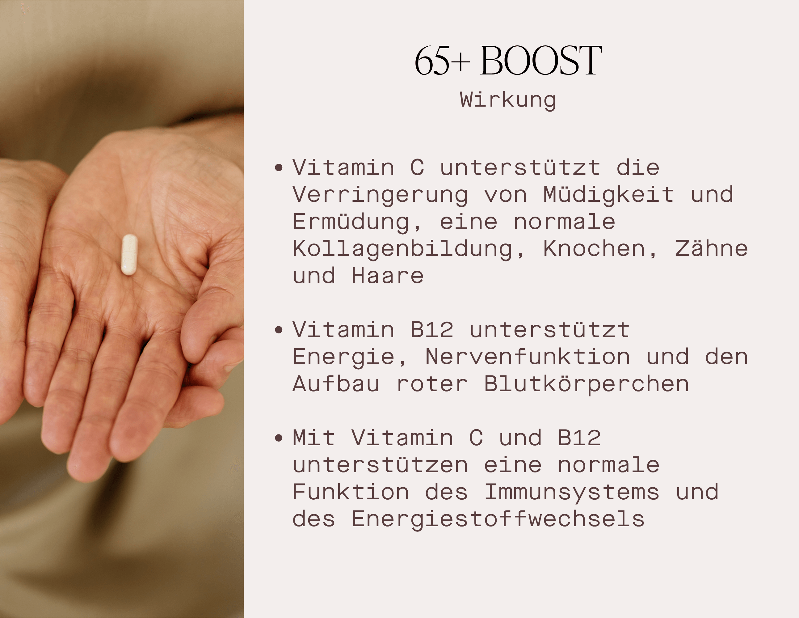 65+ BOOST - Nahrungsergänzungsmittel für Frauen über 60, unterstützt Gesundheit mit Vitaminen C und B12.