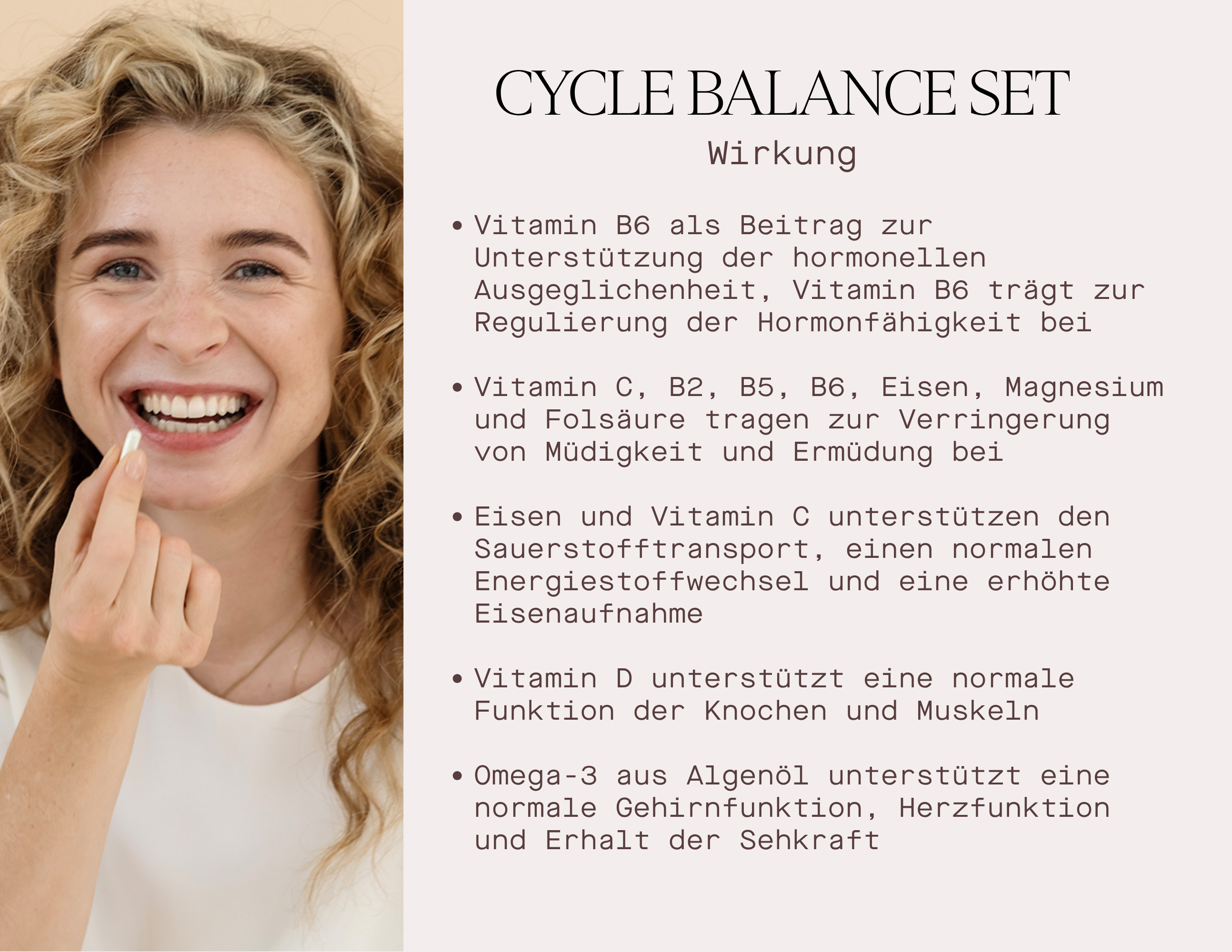 Image showing the Cycle Balance Set benefits including vitamins and minerals for hormonal balance and energy support.