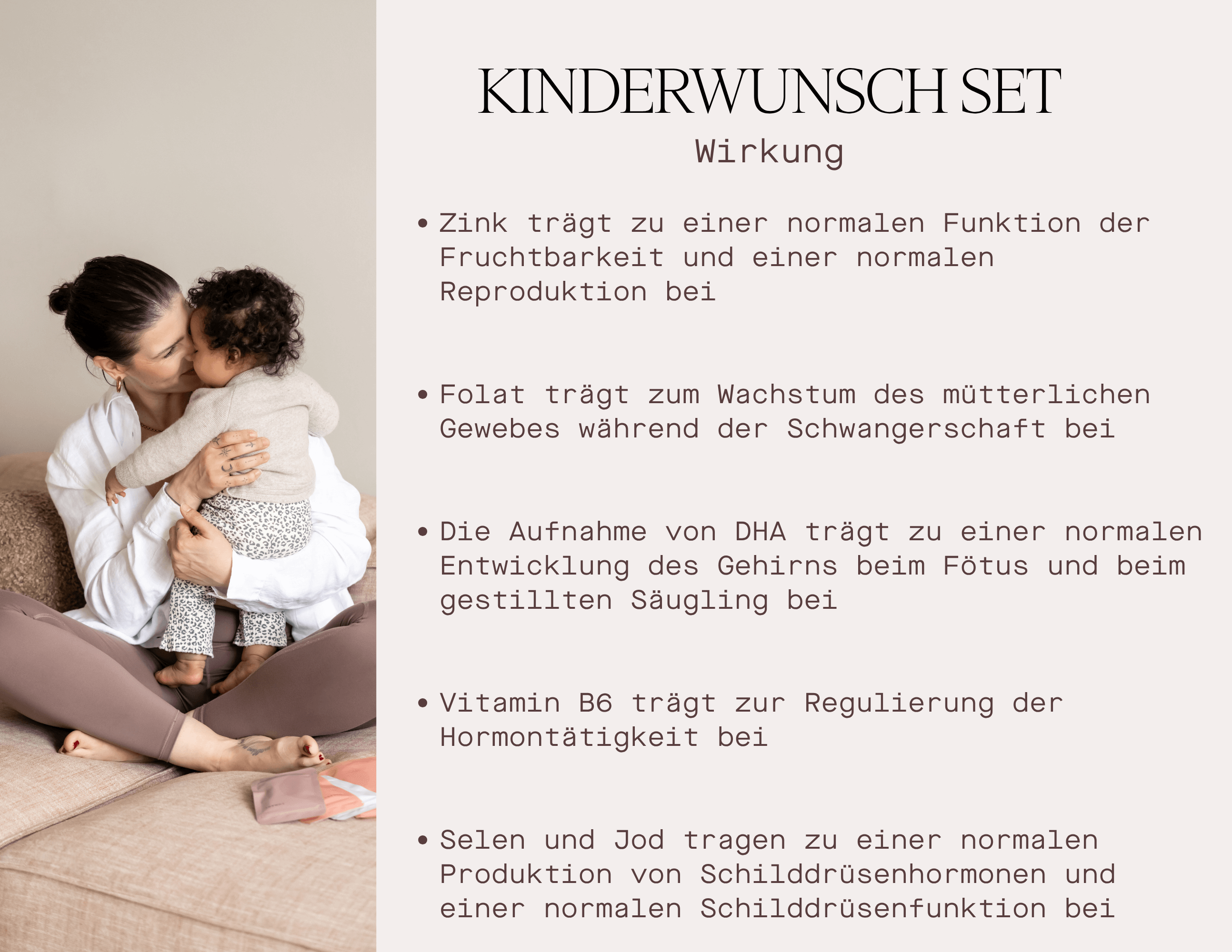 Frau mit Kleinkind, erläutert das Kinderwunsch Set zur Unterstützung von Fruchtbarkeit und Schwangerschaft, Kinderwunsch Vitamine