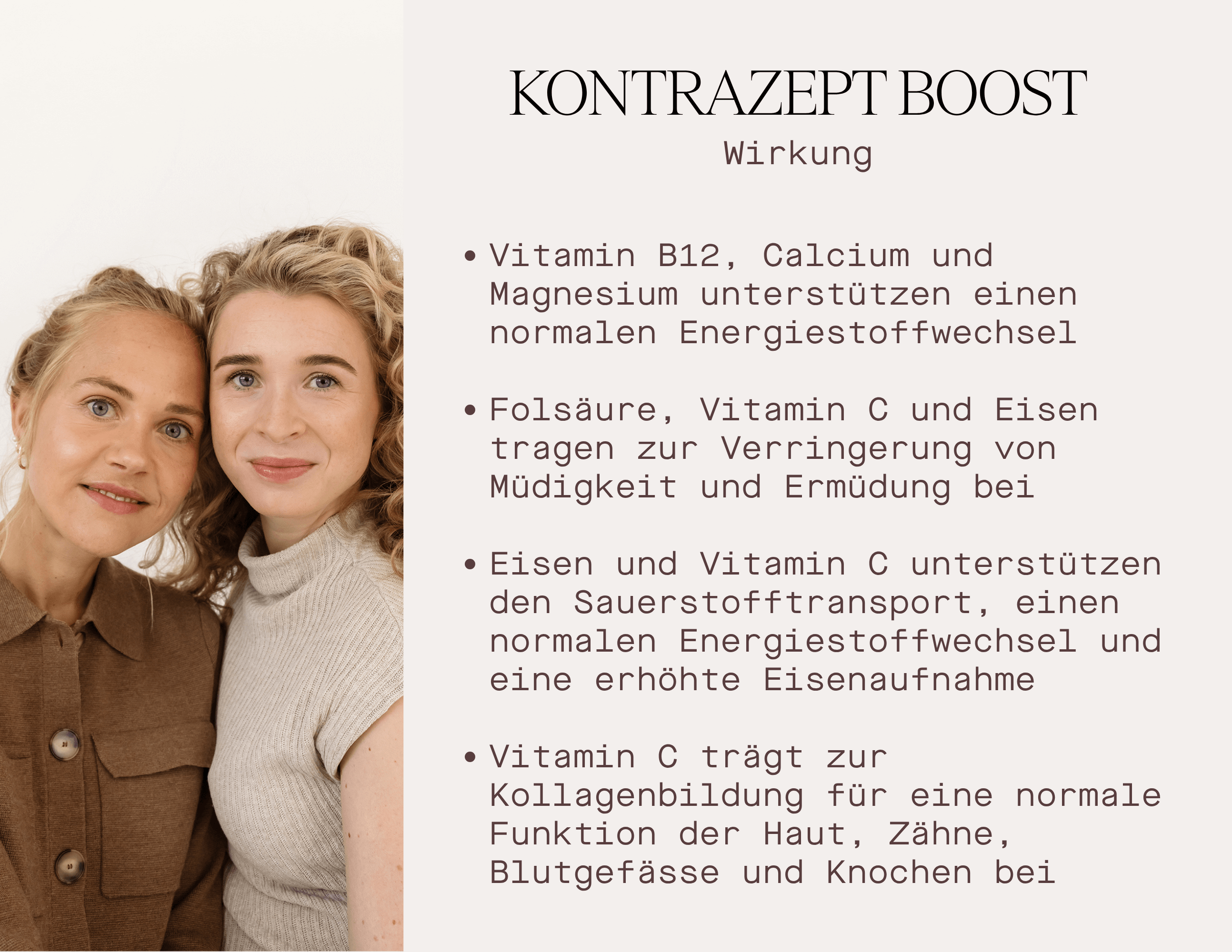 Zwei Frauen präsentieren die Wirkung von Kontrazept Boost, einem Nahrungsergänzungsmittel für hormonelle Gesundheit.