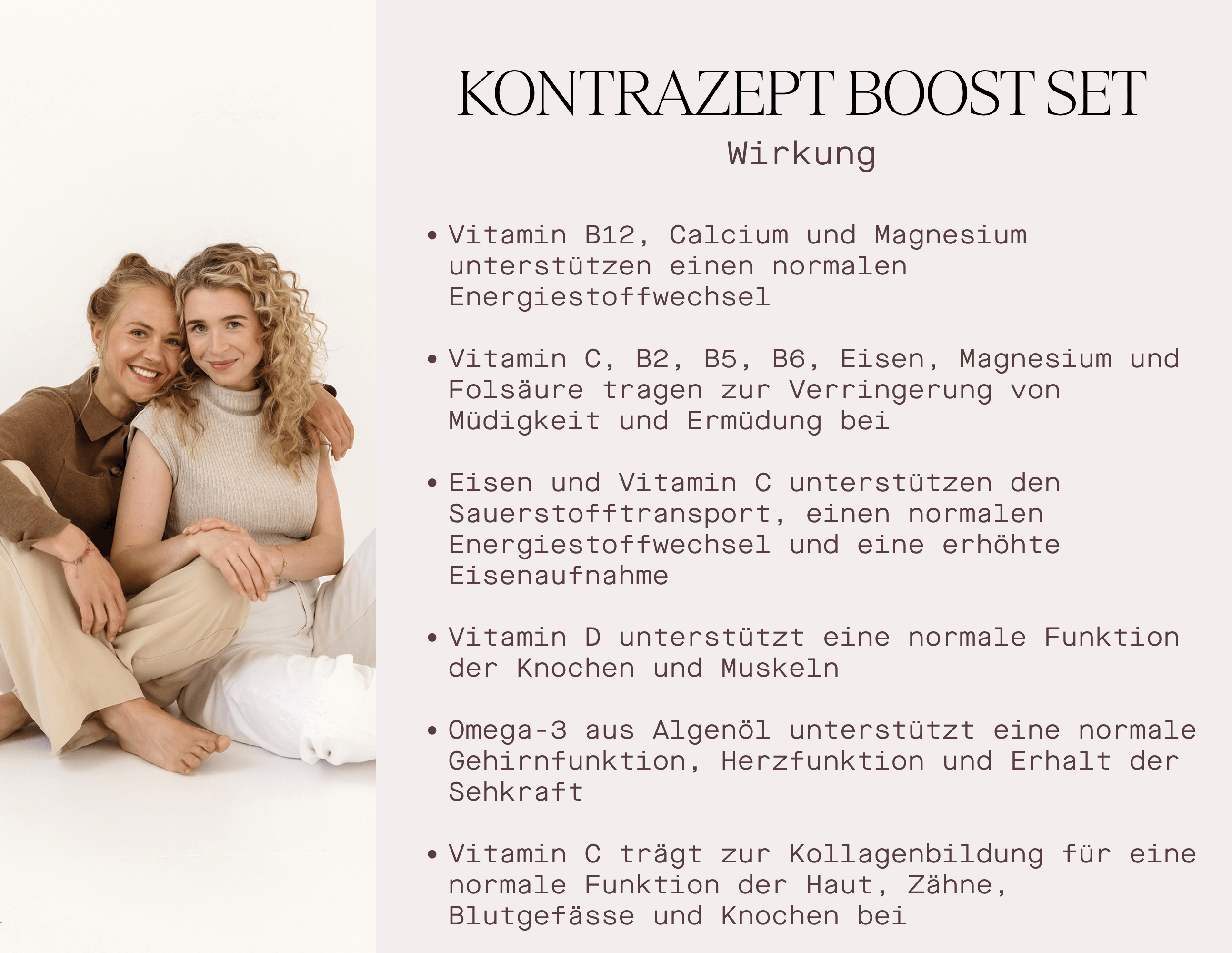 Infografik zu den Vorteilen von Kontrazept Boost Set mit Informationen zu Vitaminen und Mineralstoffen für die Gesundheit von Frauen.