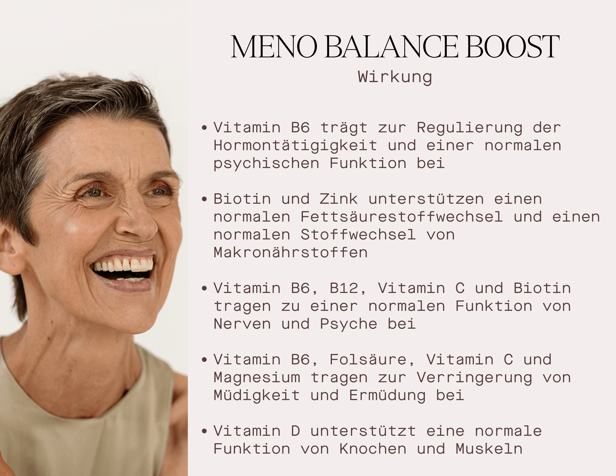 Details zu Meno Balance Boost, mit Schwerpunkt auf den Vorteilen der Vitamine B6, C und Biotin für den Hormonhaushalt und das Wohlbefinden, Verwendung Nahrungsergänzungsmittel Wechseljahre