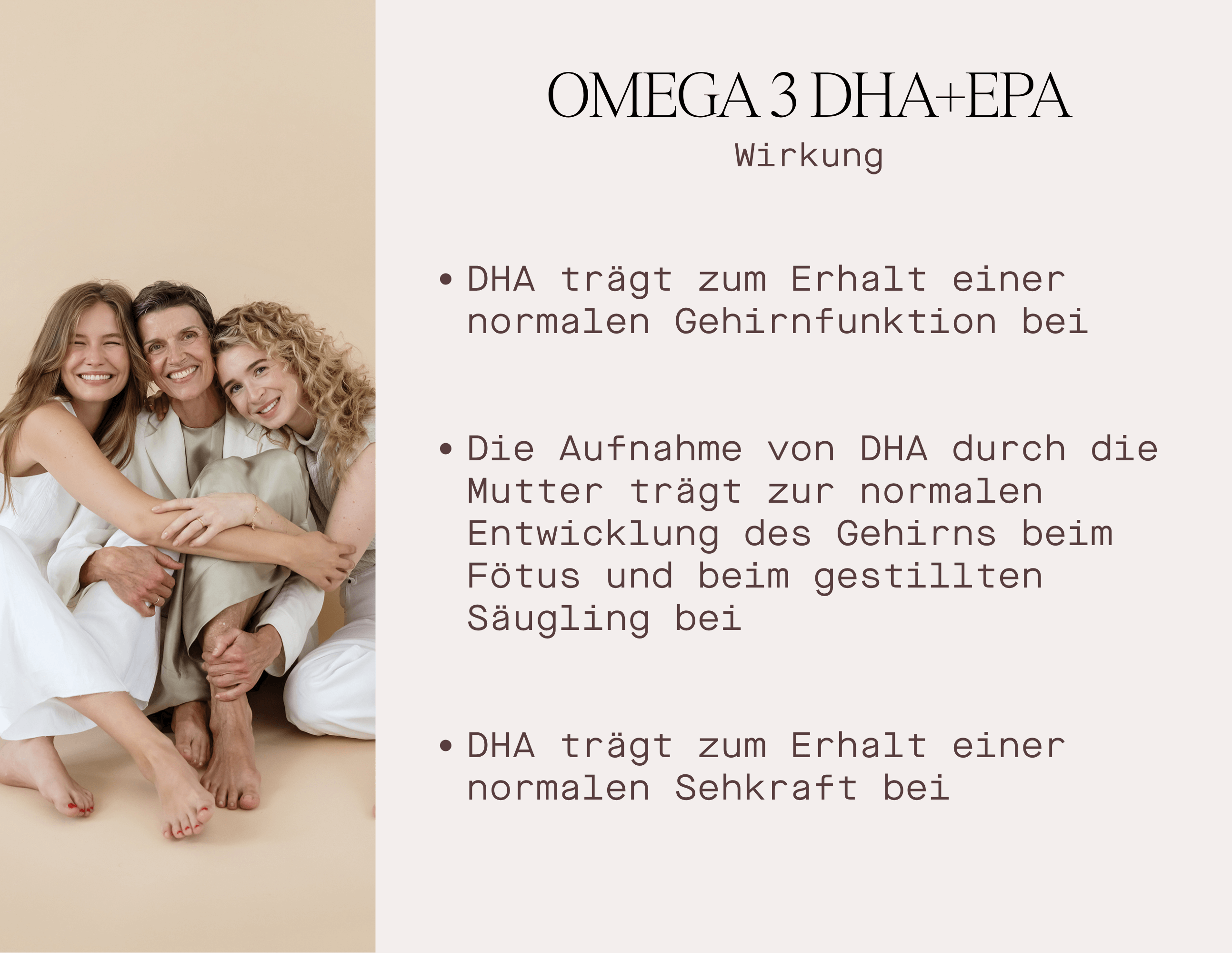 Drei Personen umarmen sich, präsentieren Informationen zu Omega 3 DHA+EPA und dessen Wirkung auf Gehirn und Sehkraft.